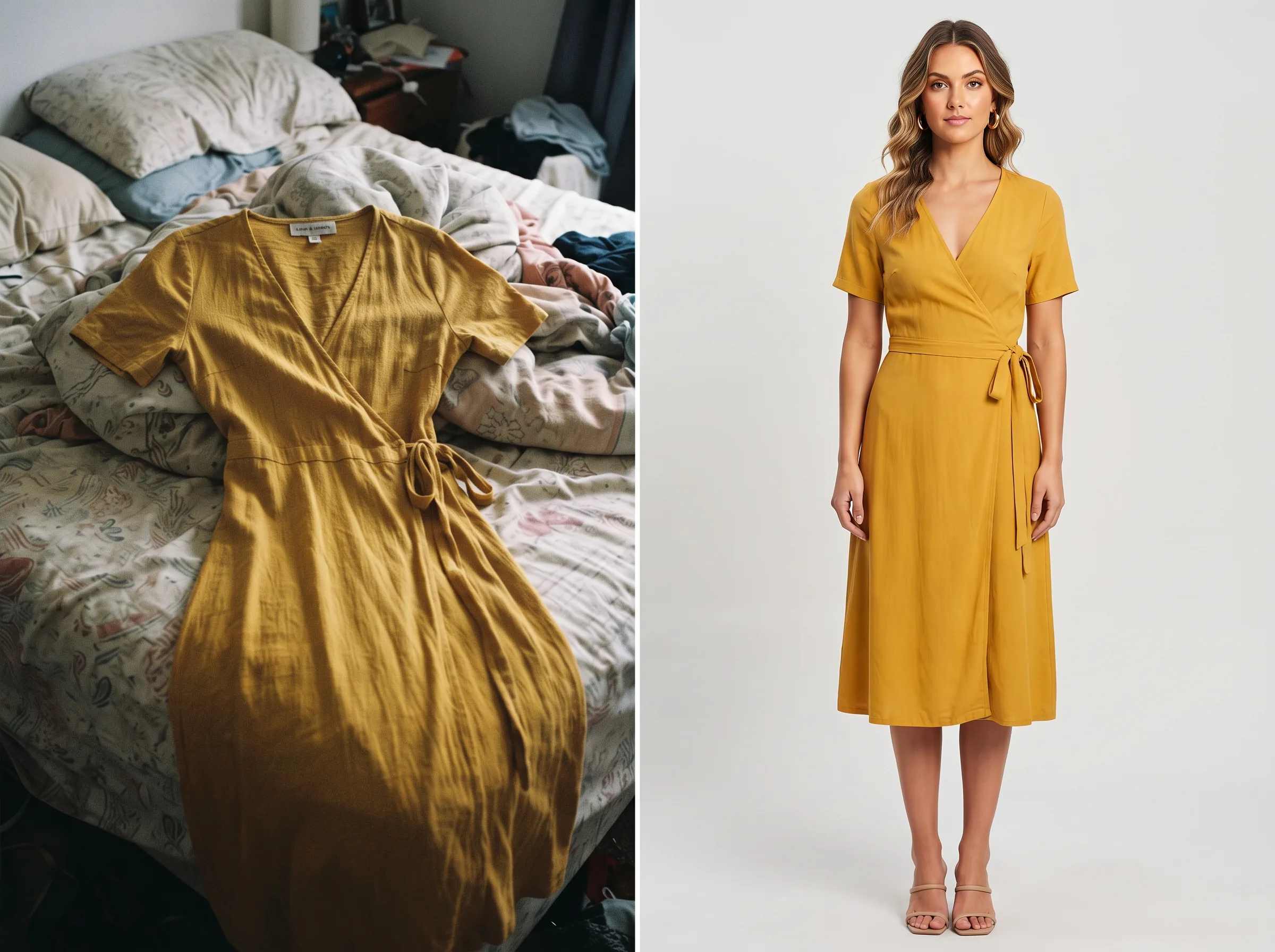 Split-frame before and after comparison of an amateur phone photo versus a polished Ajio-ready fashion listing image