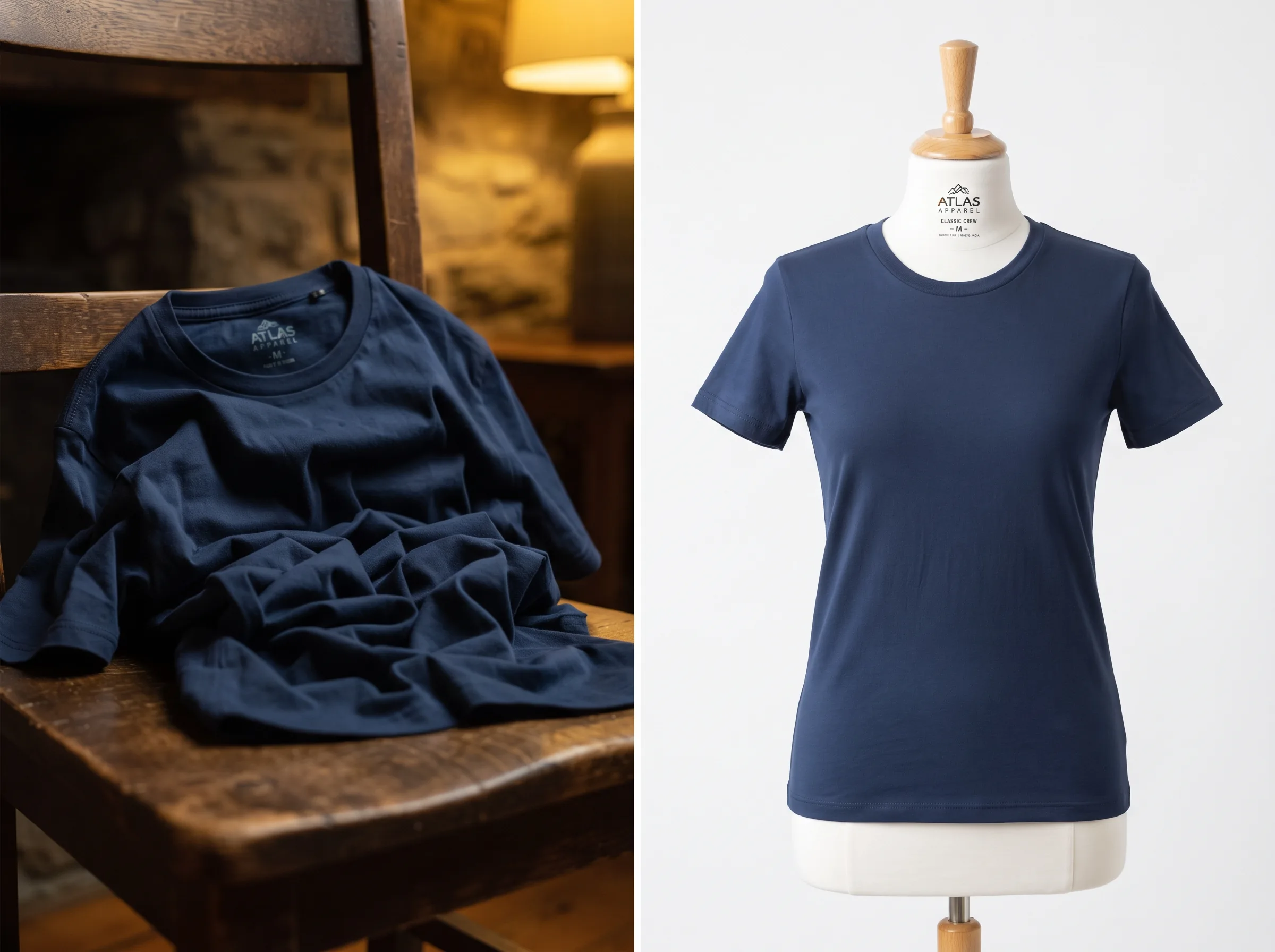 Split-frame before and after comparison of a crumpled shirt photo versus an Amazon-compliant white-background listing image