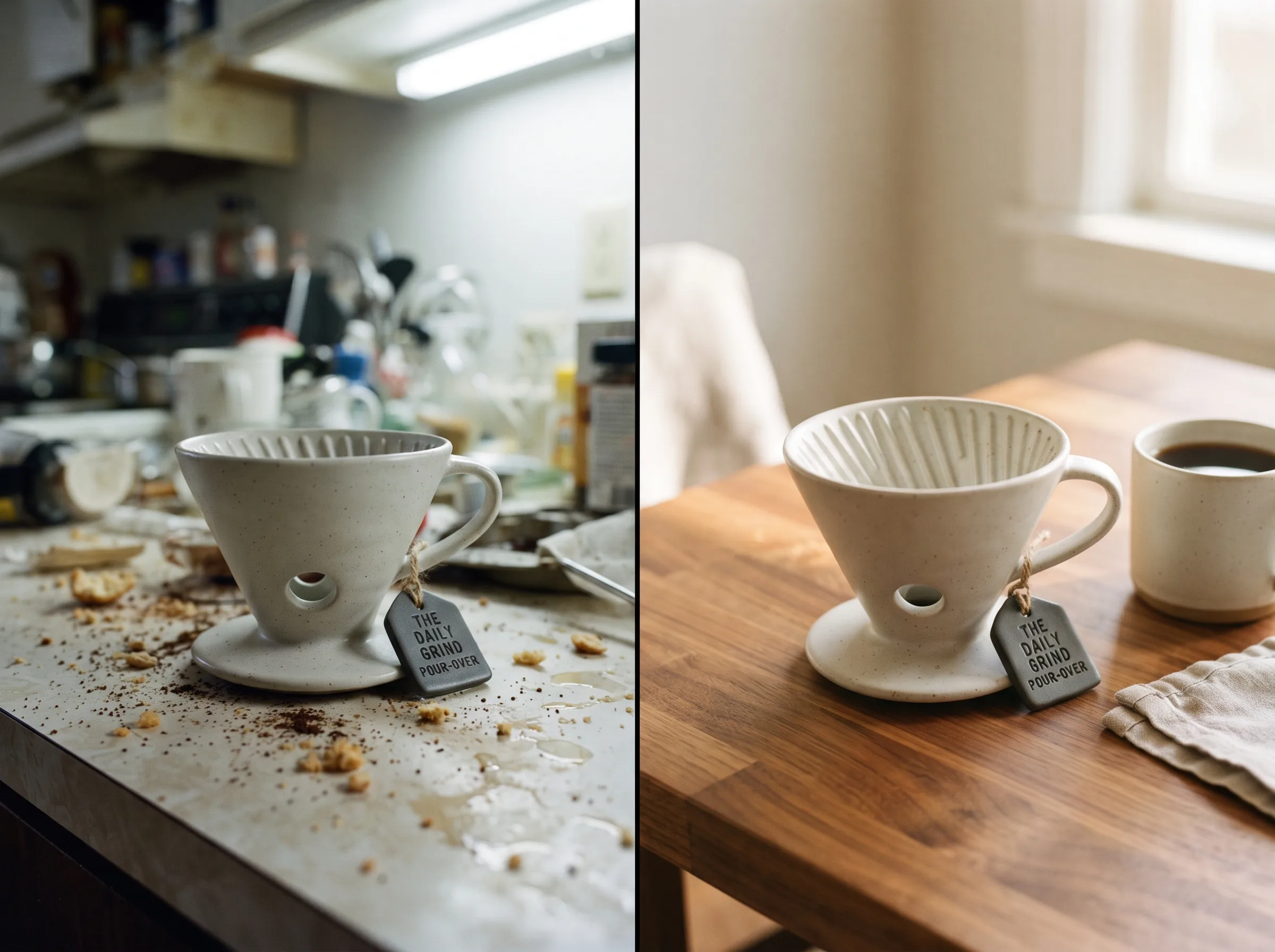 Split-frame before and after comparison of a cluttered product photo versus a warm Amazon lifestyle image