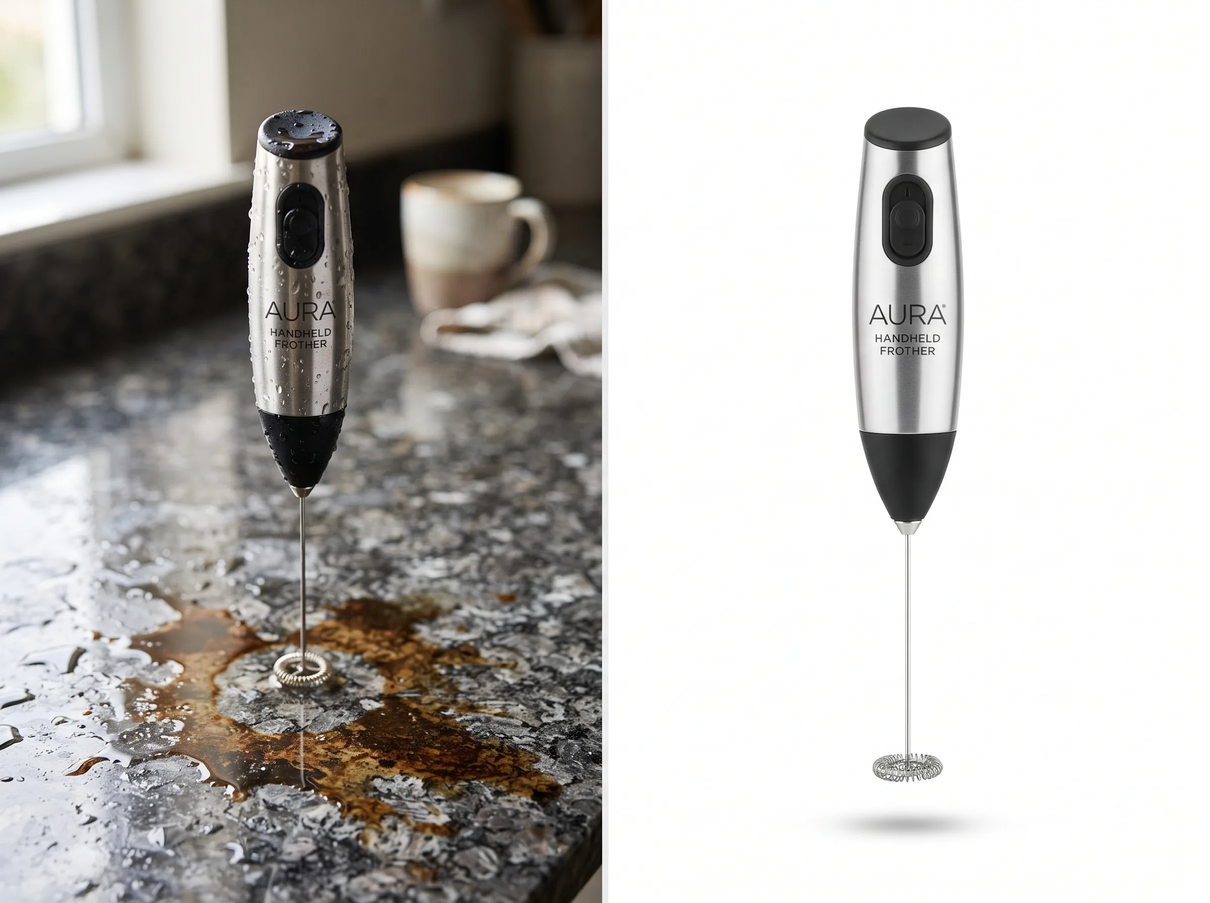 Split-frame before and after comparison of a messy countertop photo versus an Amazon-ready white-background product image