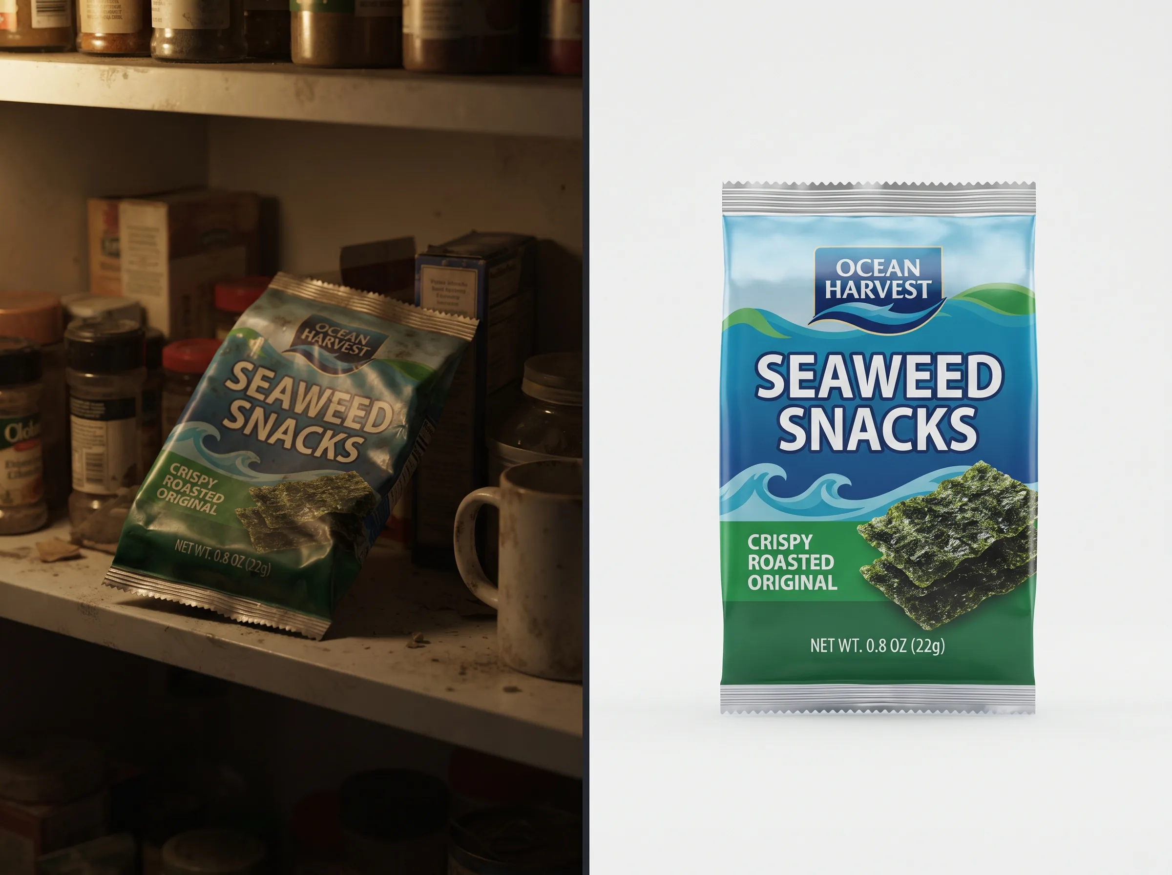 Split-frame before and after comparison of a cluttered shelf photo versus a bright Blinkit quick-commerce catalog image
