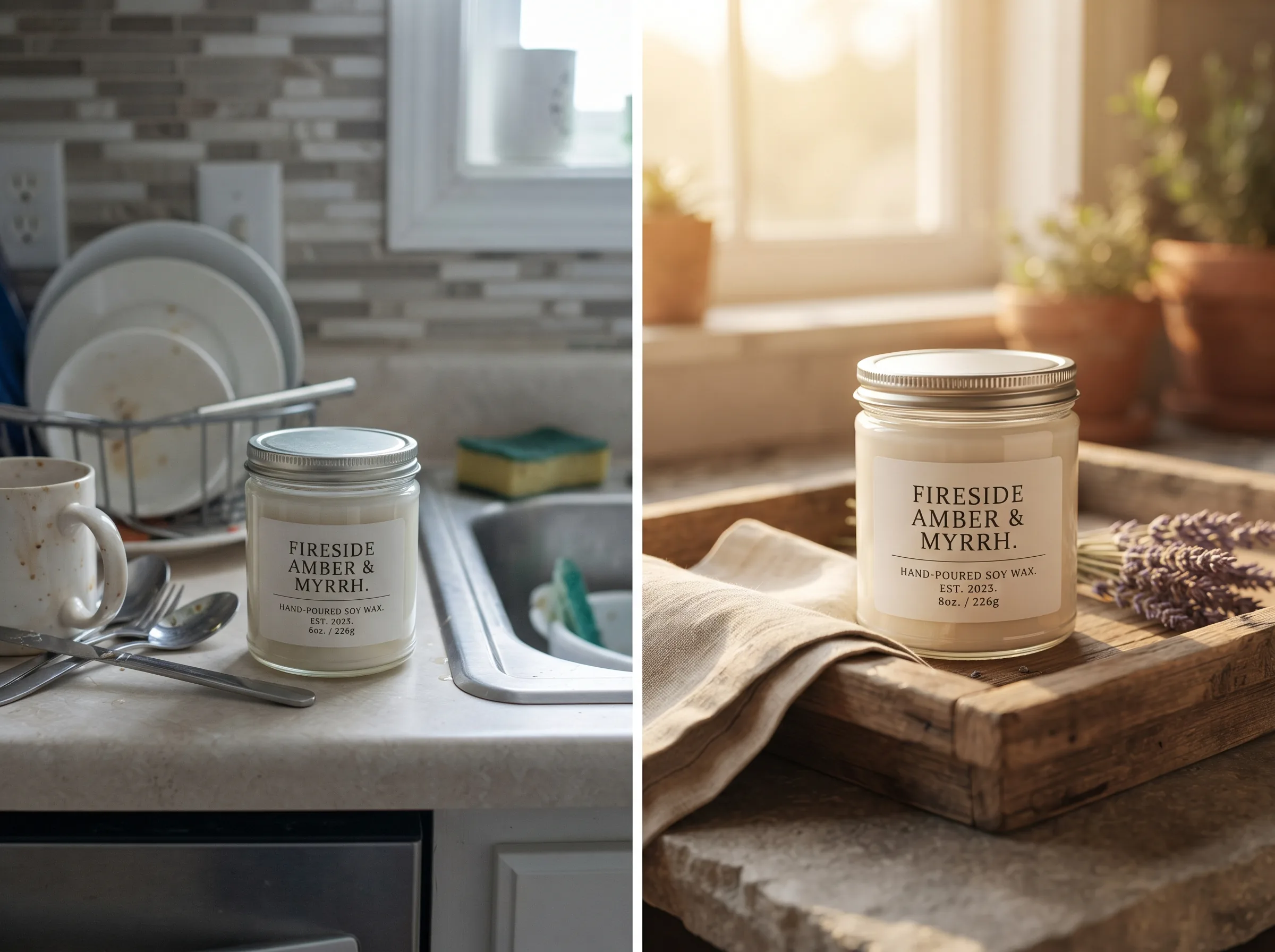 Split-frame before and after comparison of a dull kitchen photo versus a cozy handmade-marketplace candle listing image