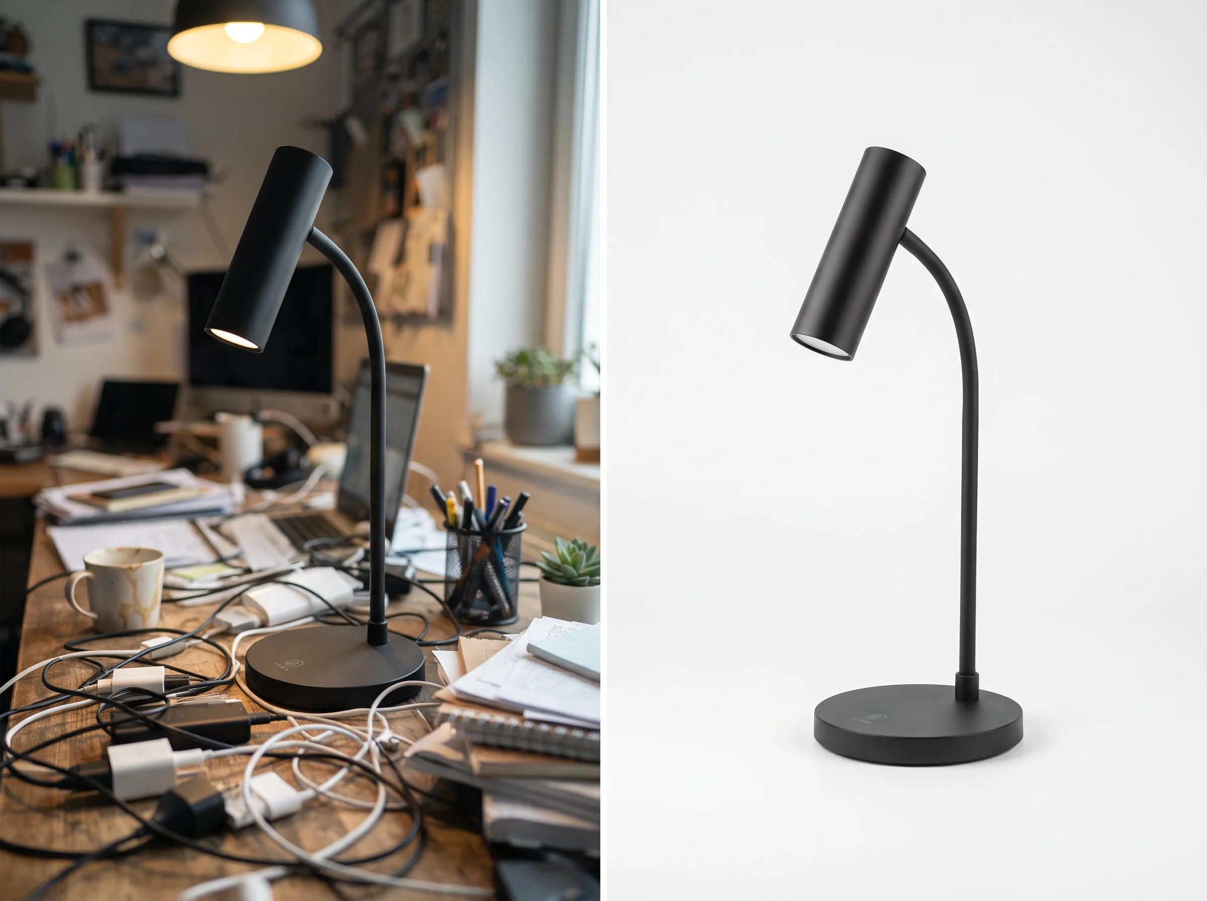 Split-frame before and after comparison of a cluttered desk photo versus a Google Shopping feed compliant product image