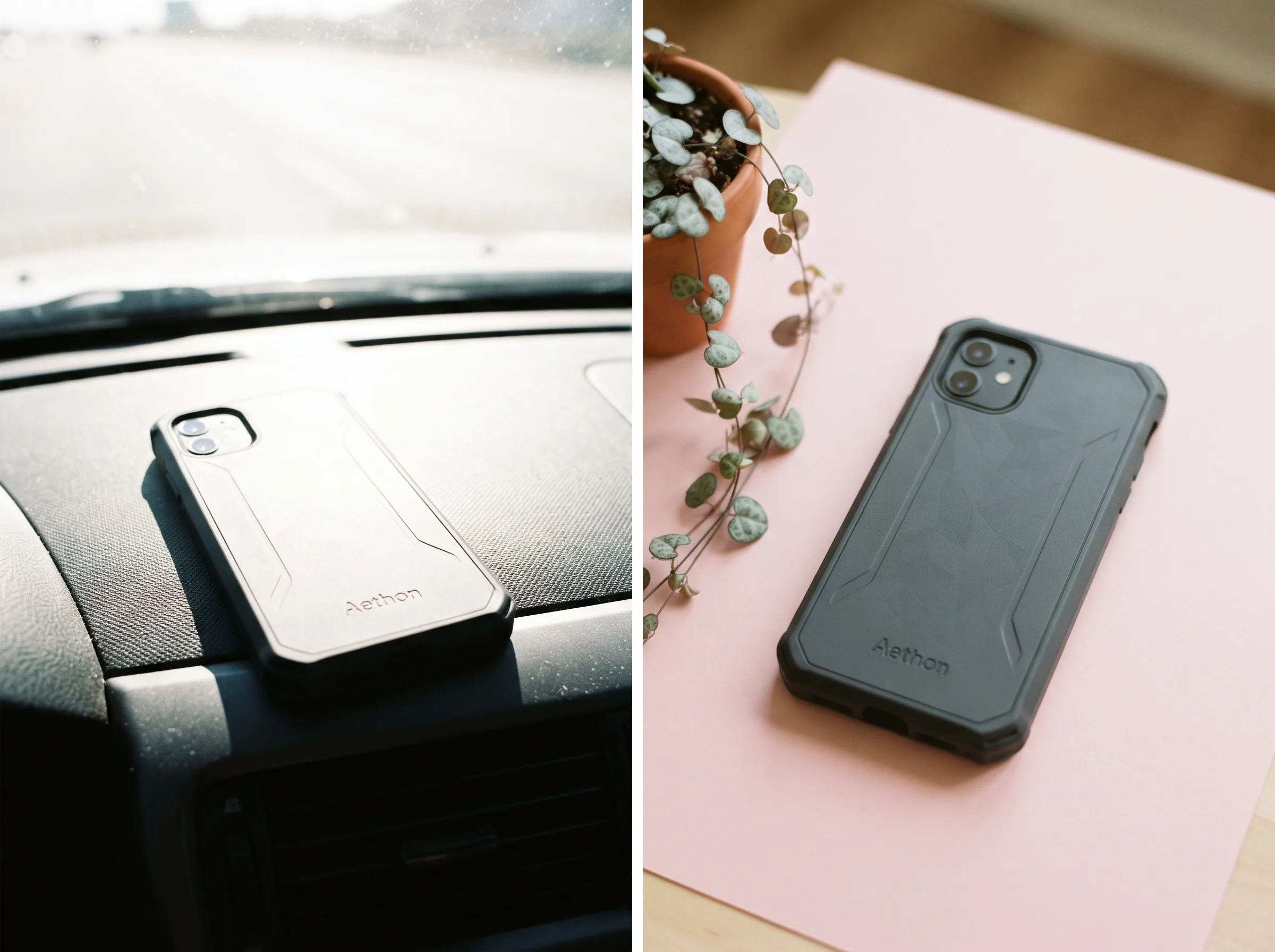 Split-frame before and after comparison of an overexposed dashboard photo versus a trendy Instagram Shop listing image