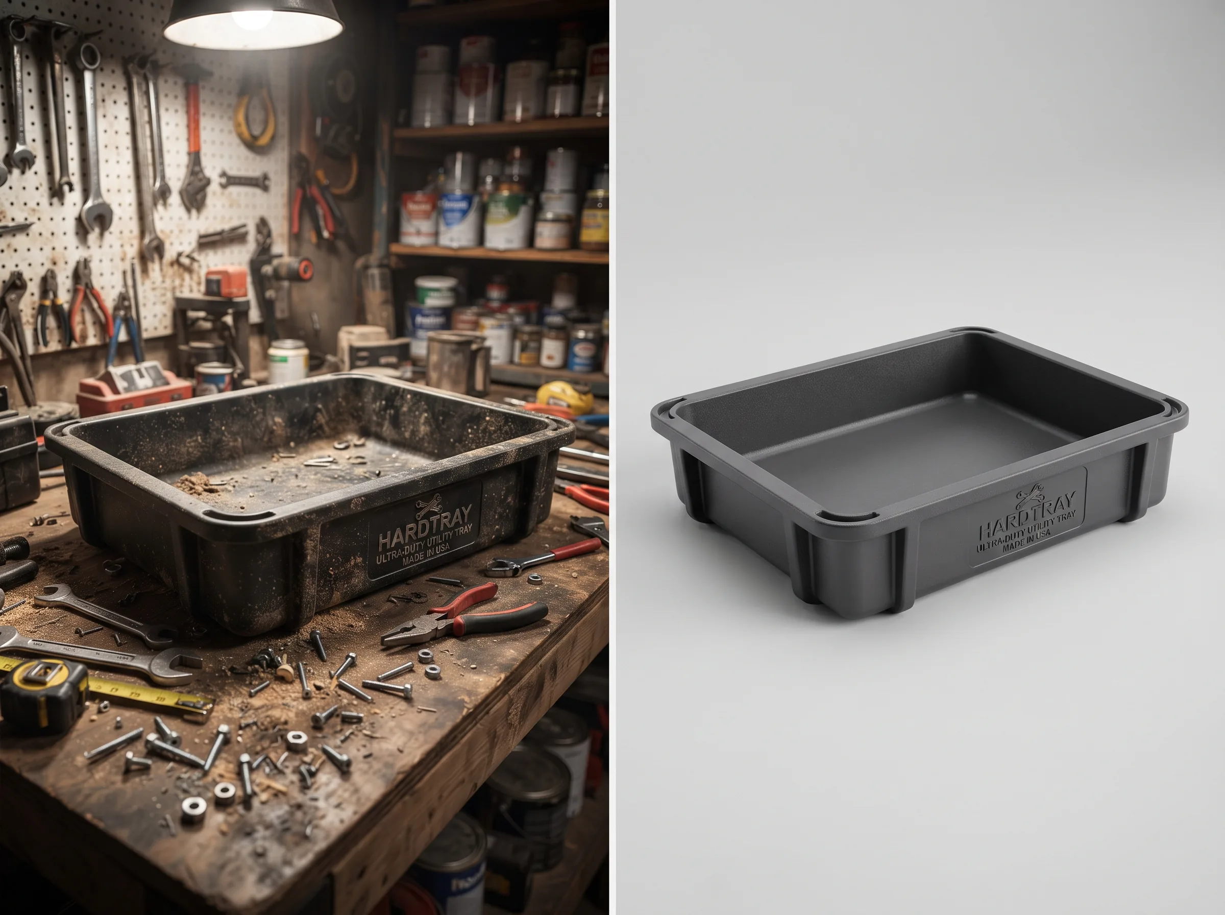 Split-frame before and after comparison of a cluttered workbench photo versus a polished Magento storefront listing image