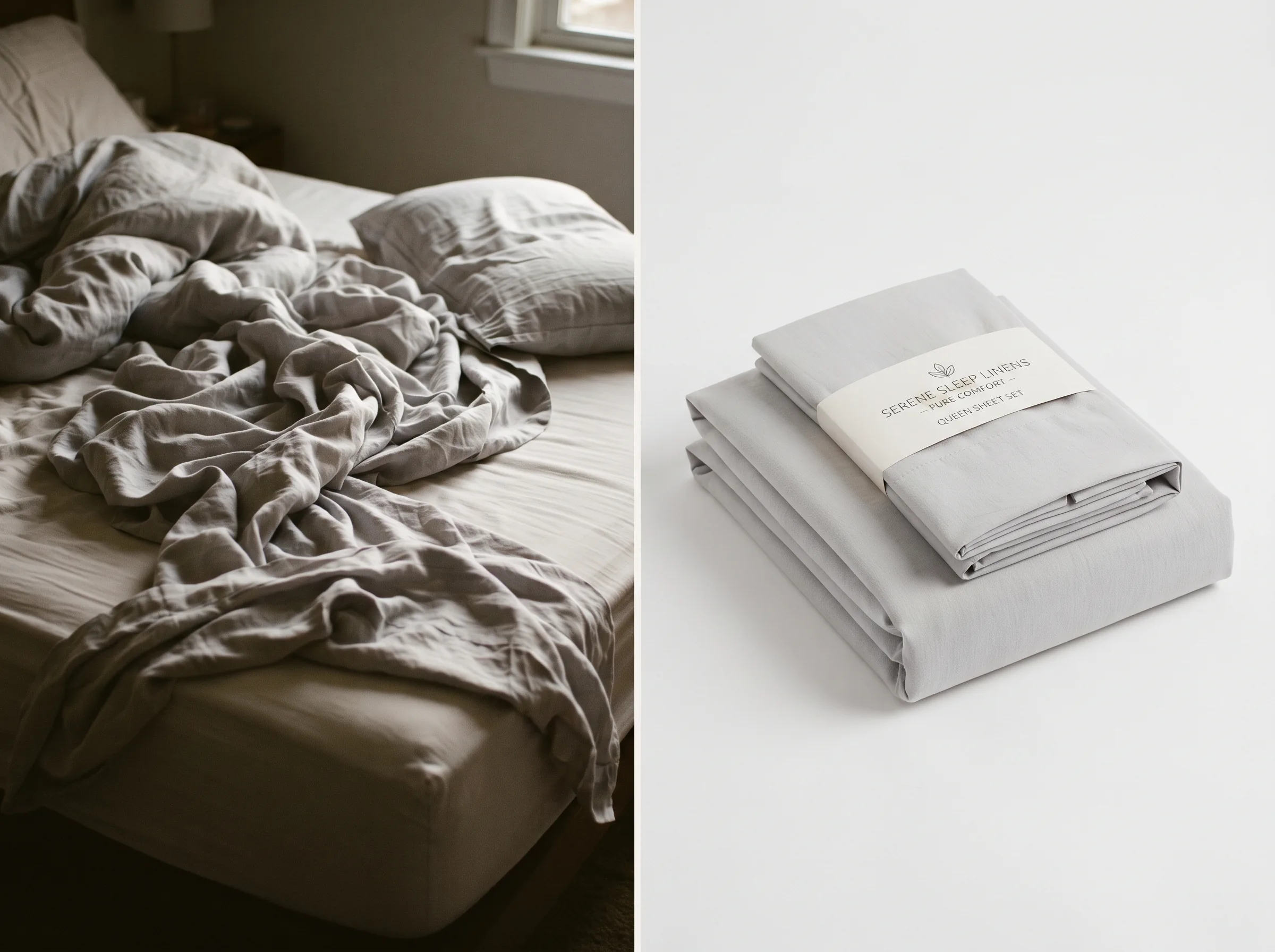 Split-frame before and after comparison of a wrinkled bedsheet photo versus a bright Meesho catalog listing image