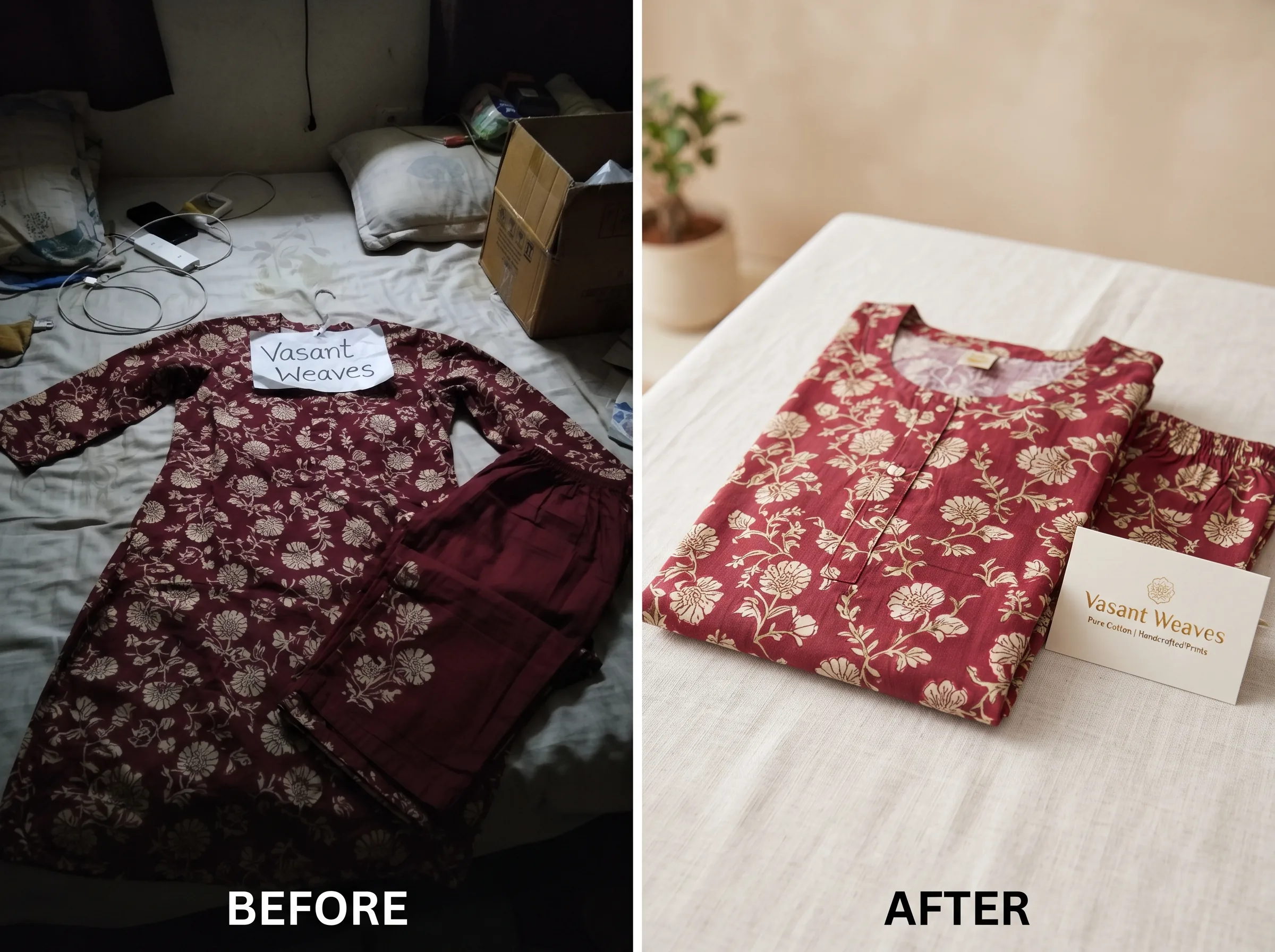 Before and after transformation for a Meesho reseller product listing