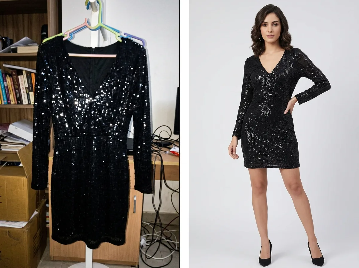 Before and after transformation for a Nykaa Fashion listing
