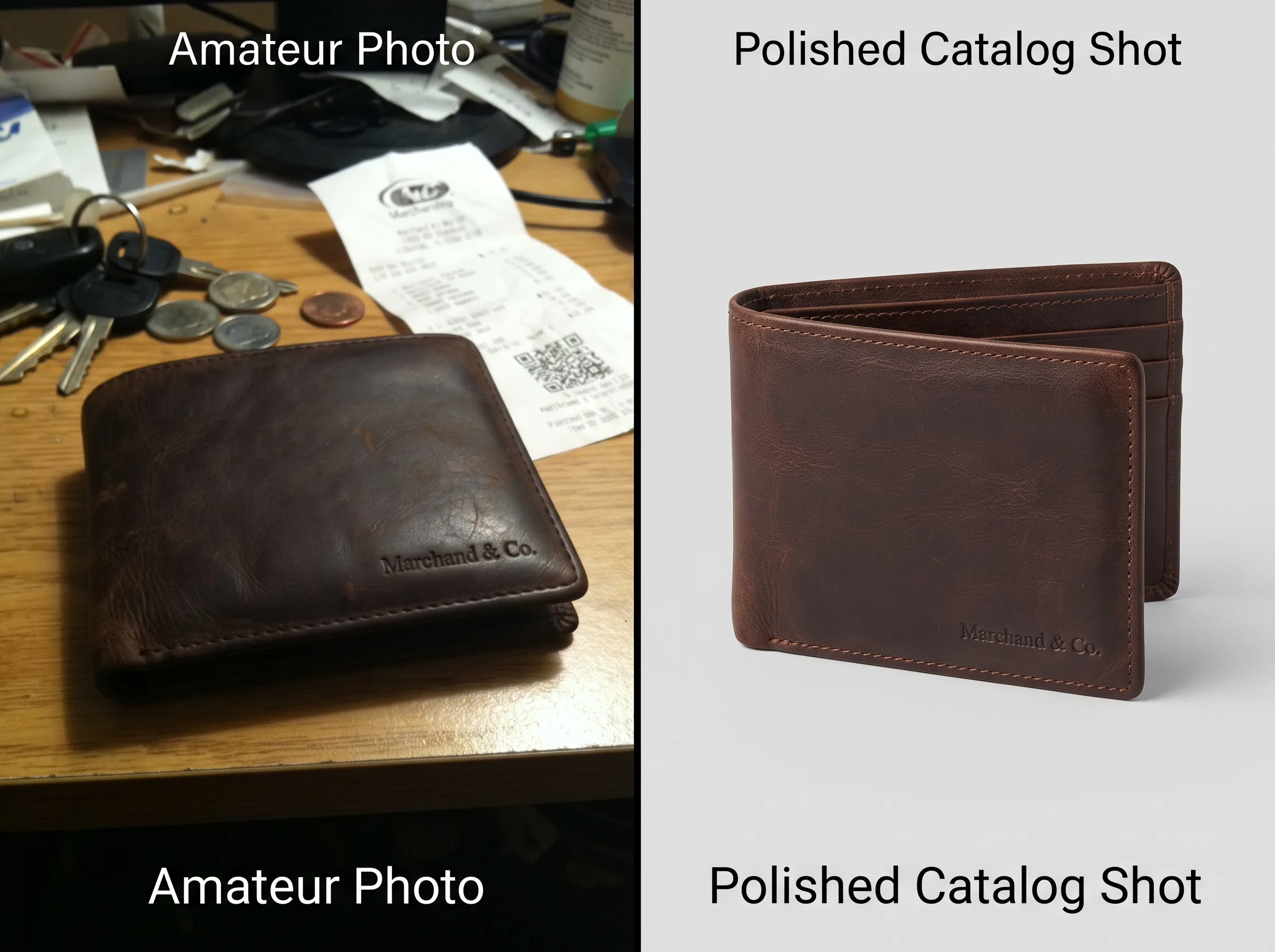 Before and after transformation for a Shopify store product photo