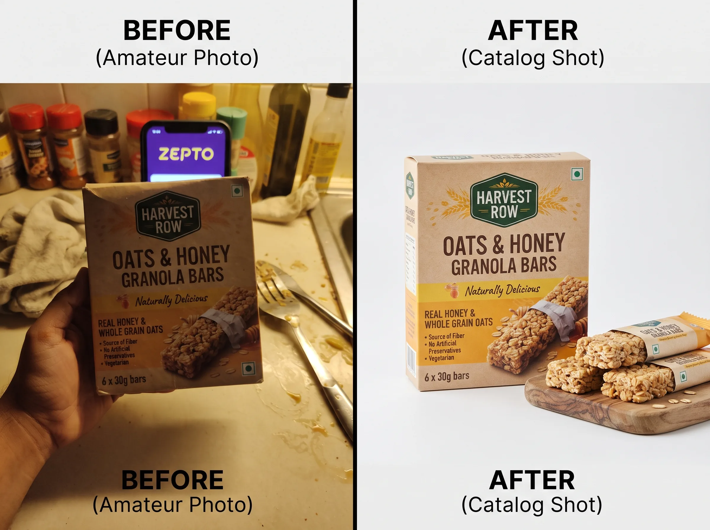 Before and after transformation for a Zepto quick-commerce grocery listing