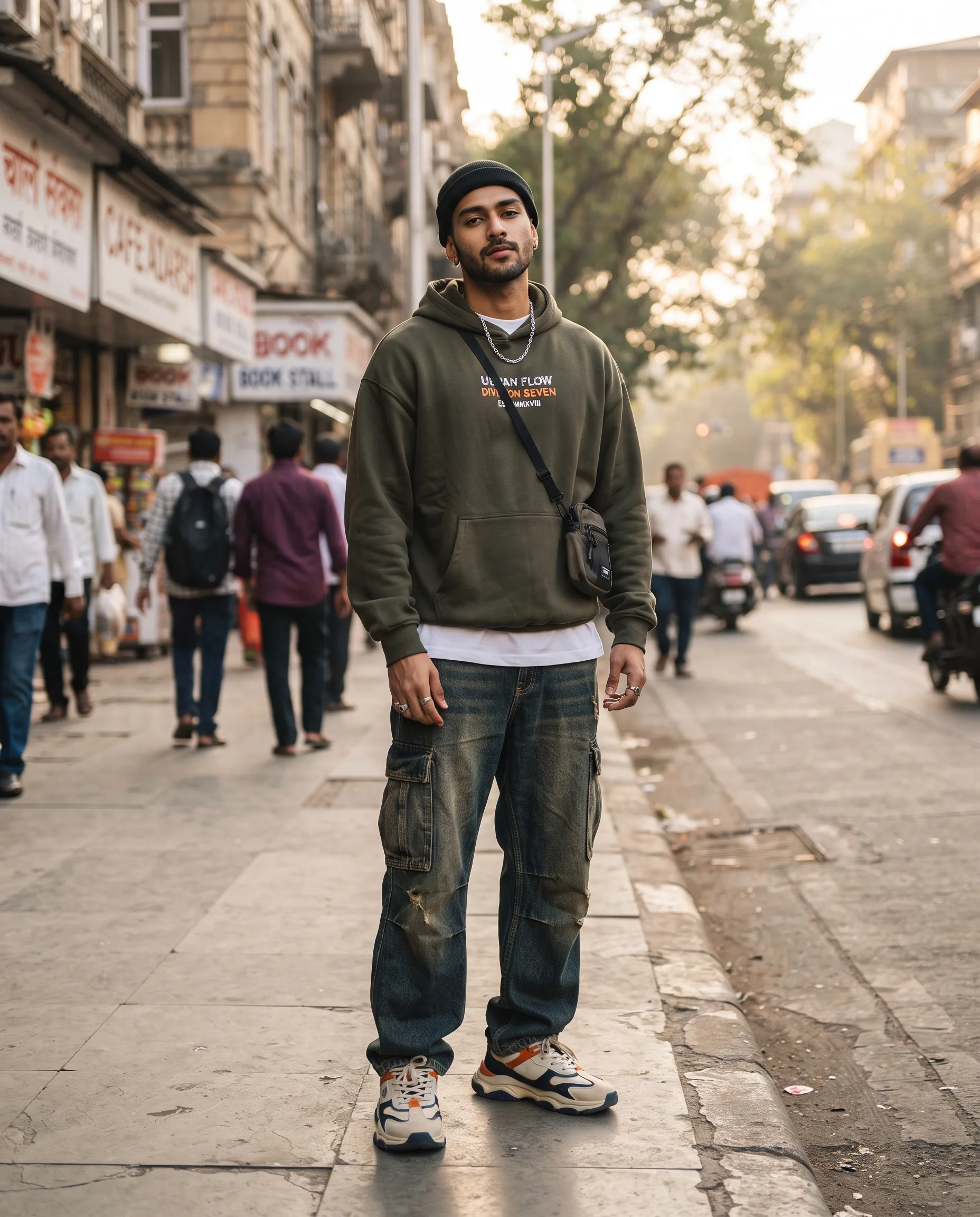 Indian Male Streetwear Model Shoot — our own render of this exact prompt