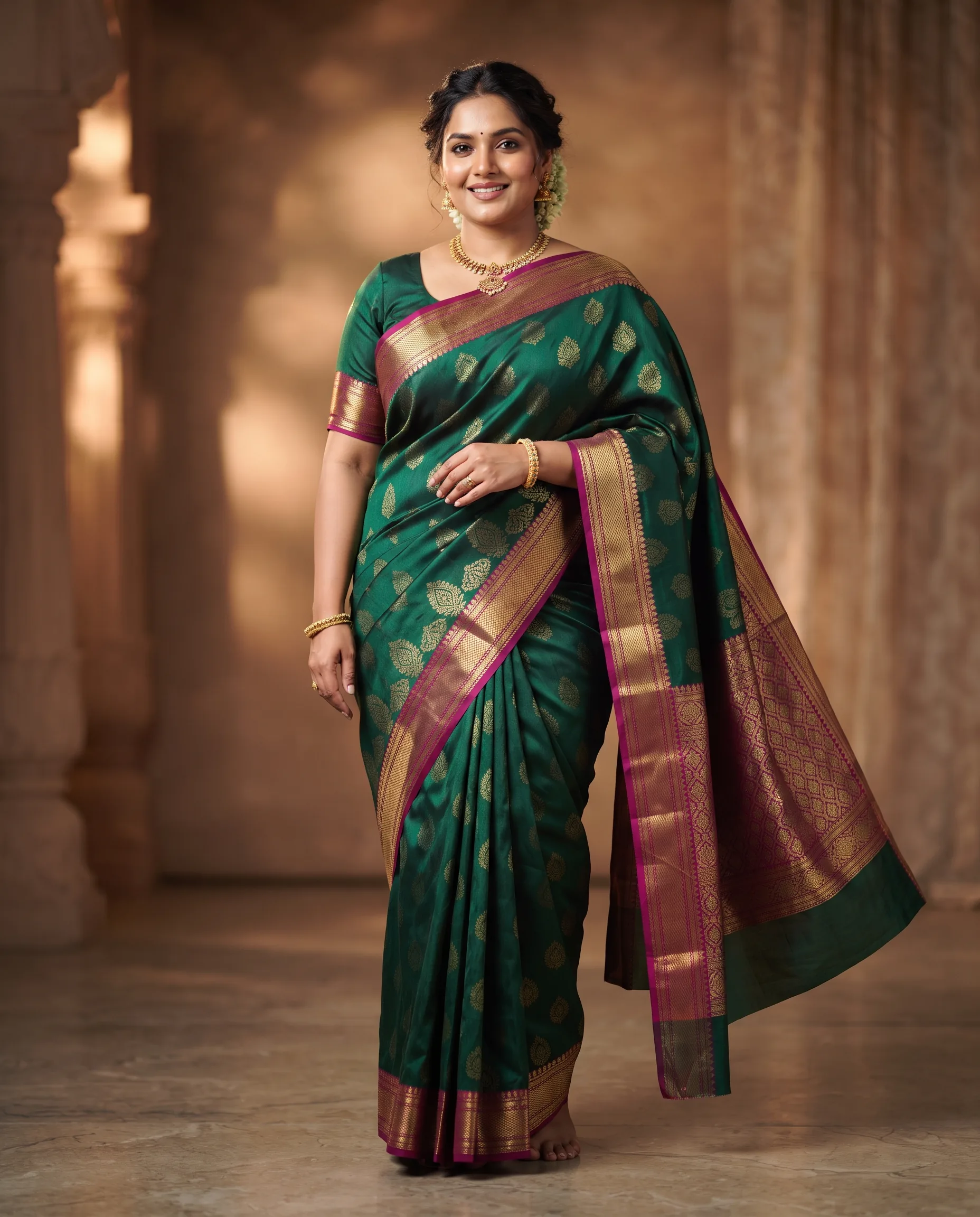 Plus-Size Saree Model Editorial — our own render of this exact prompt