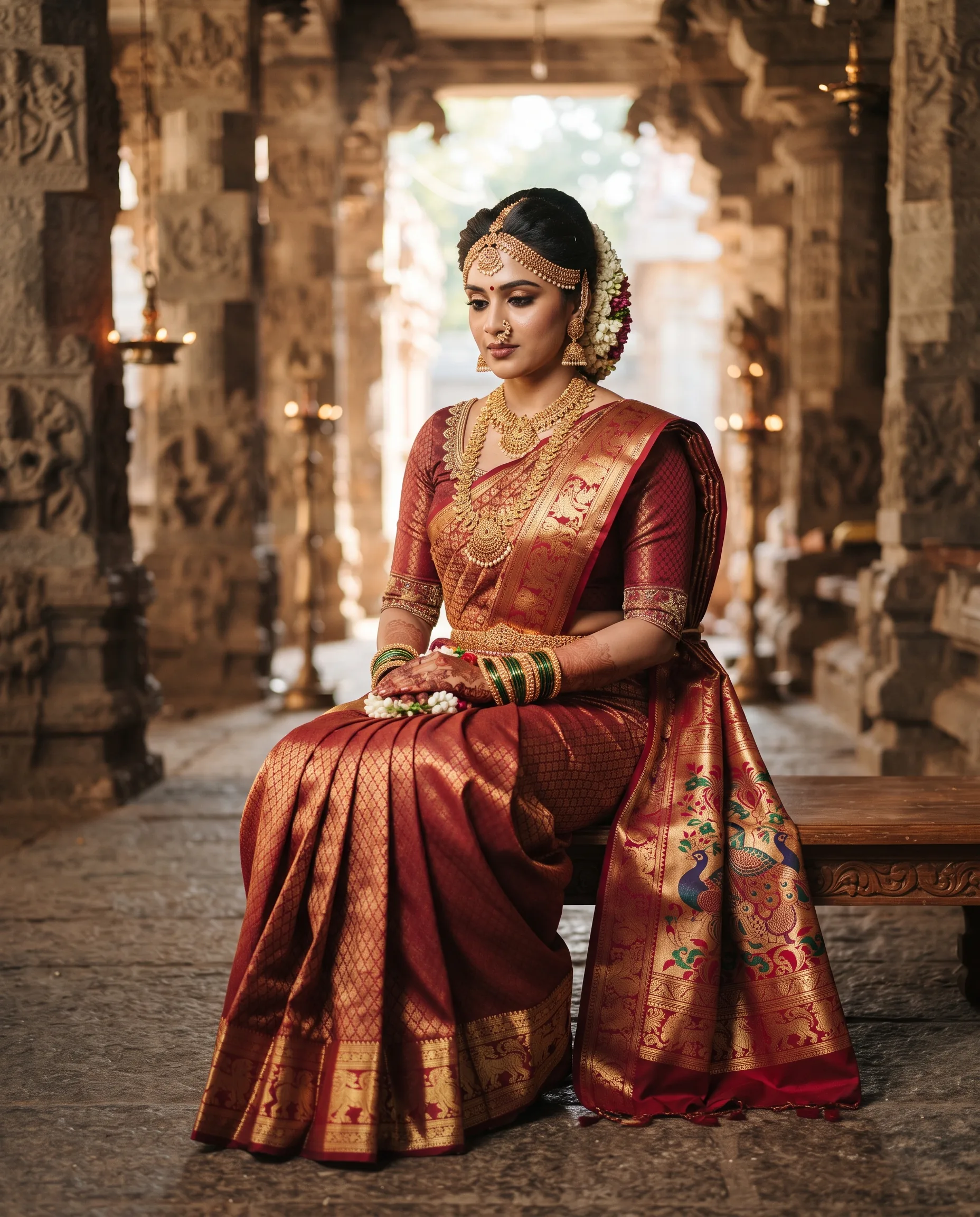 South Indian Bridal Silk Saree Temple Photoshoot — our own render of this exact prompt