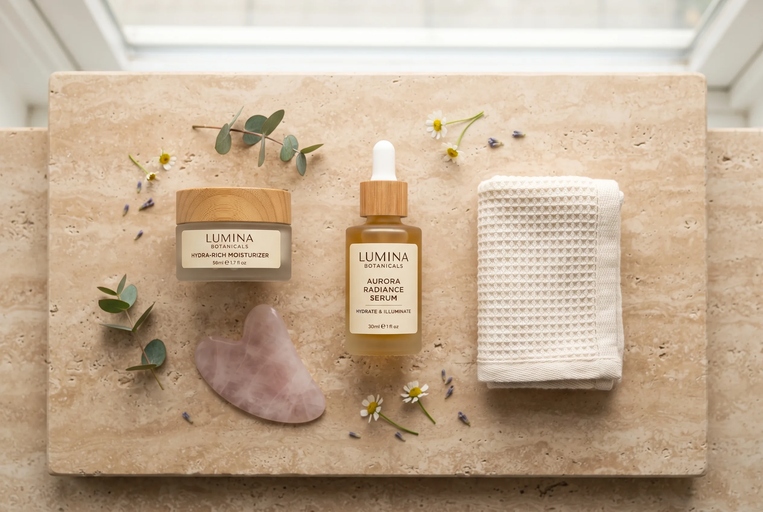 Minimal Beauty Routine Flat Lay — our own render of this exact prompt