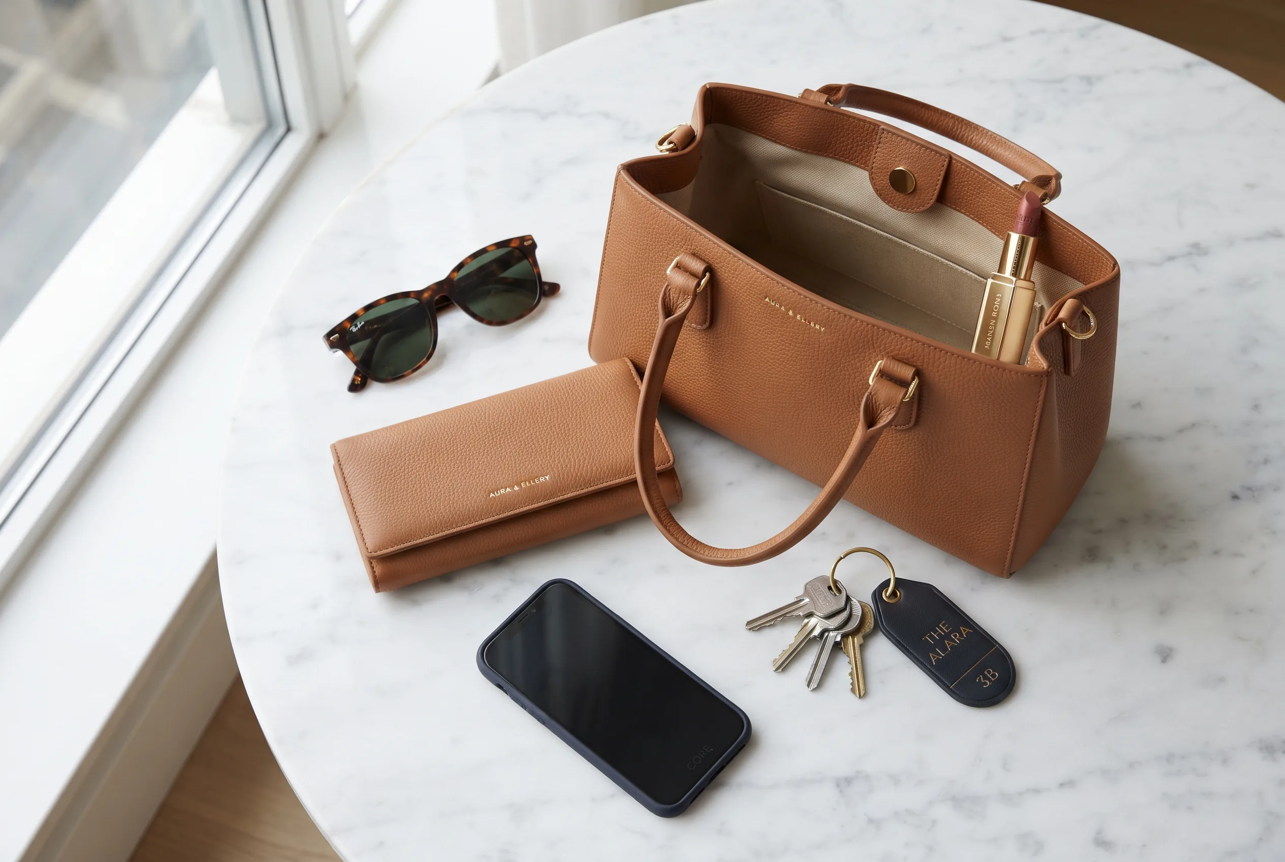 Handbag Contents Flat Lay — our own render of this exact prompt