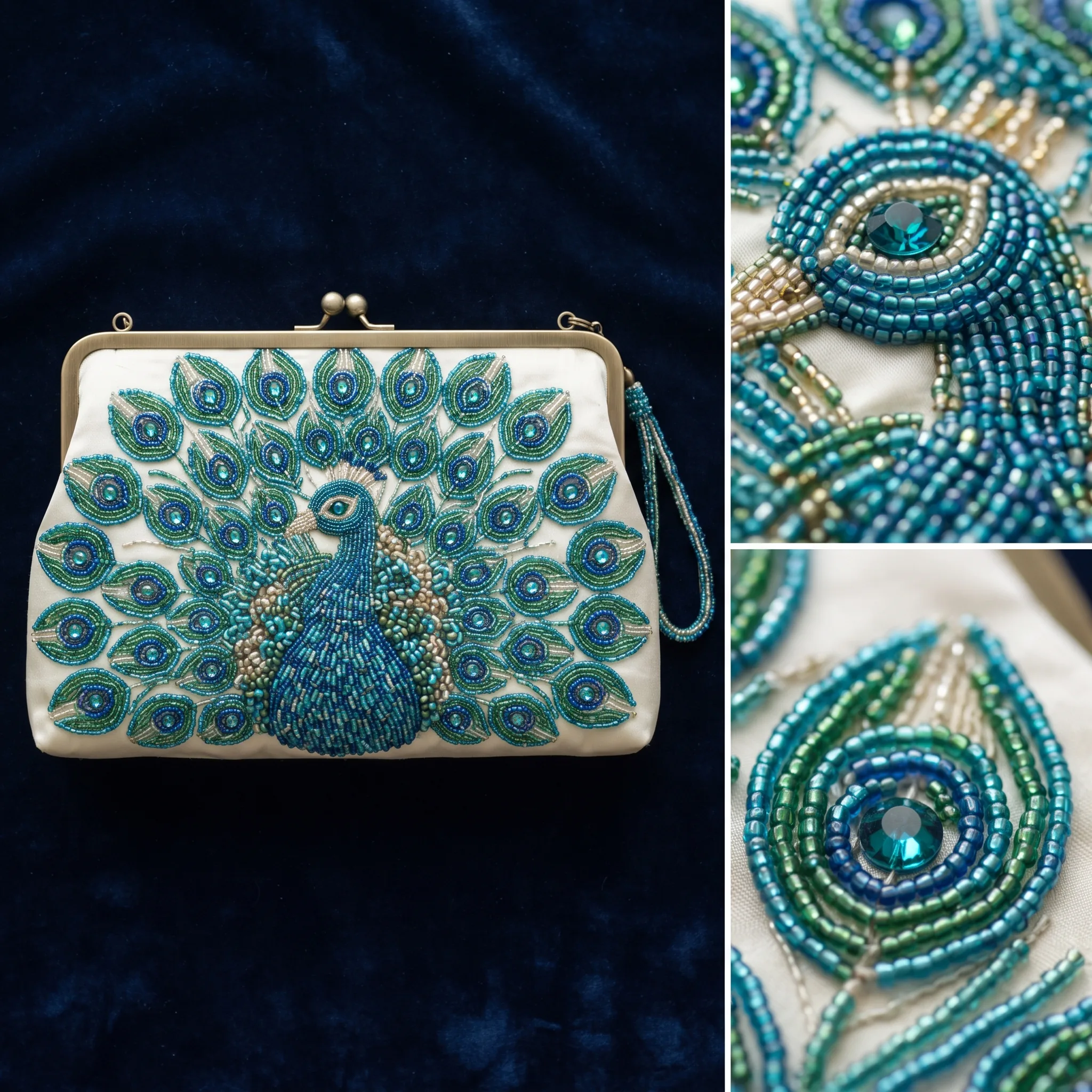 Beaded Ethnic Clutch Bag Close-Up Detail Photography — our own render of this exact prompt