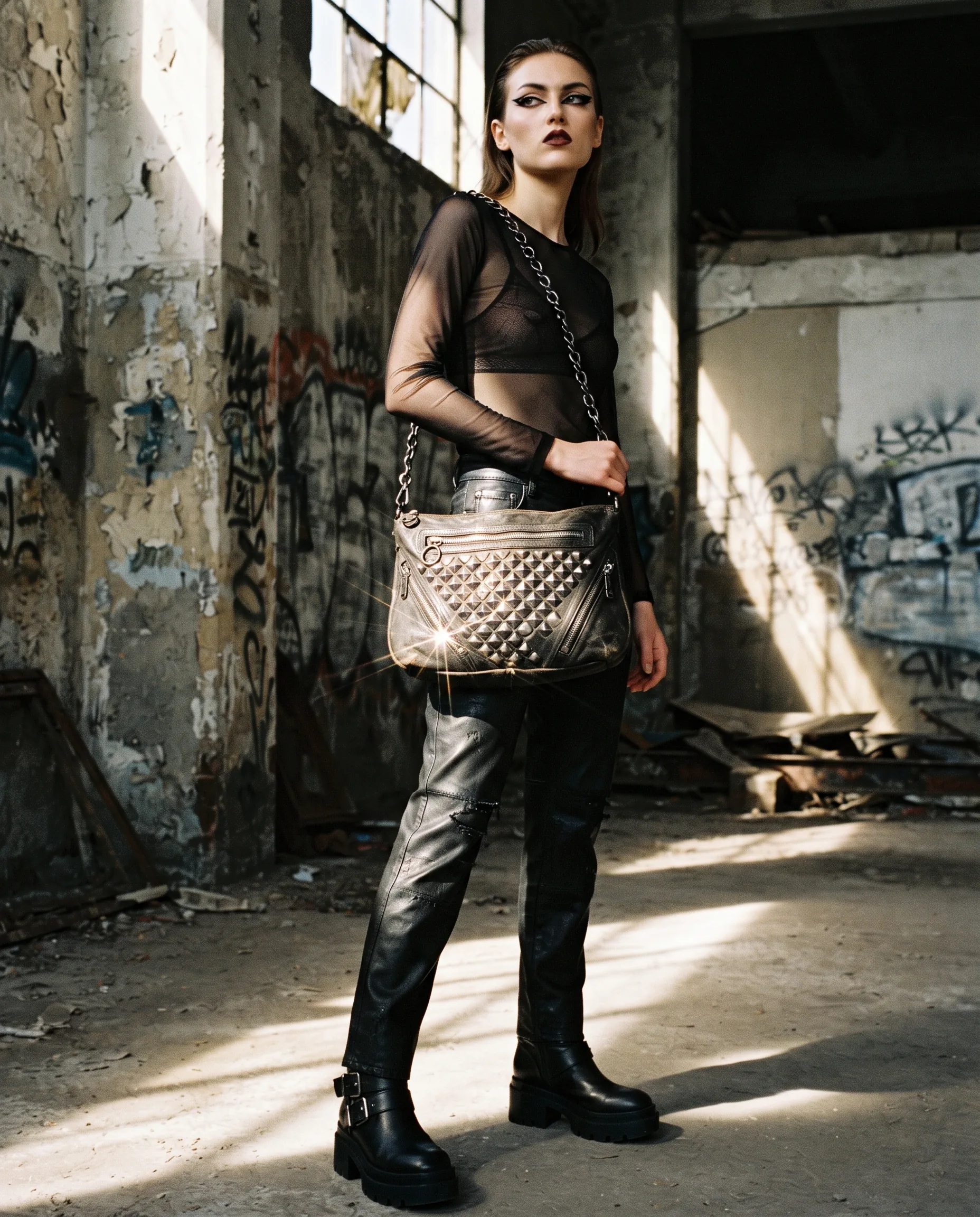 Studded Leather Punk Rock Crossbody Bag Editorial — our own render of this exact prompt