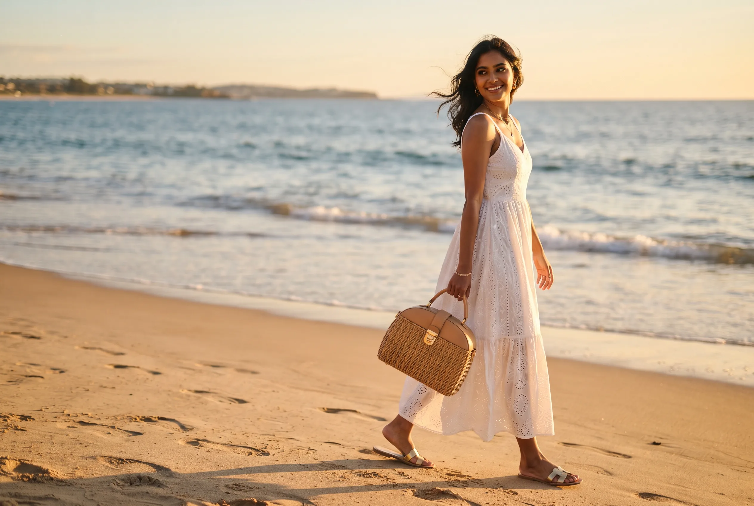 Wicker Rattan Summer Bag Coastal Lifestyle Photography — our own render of this exact prompt