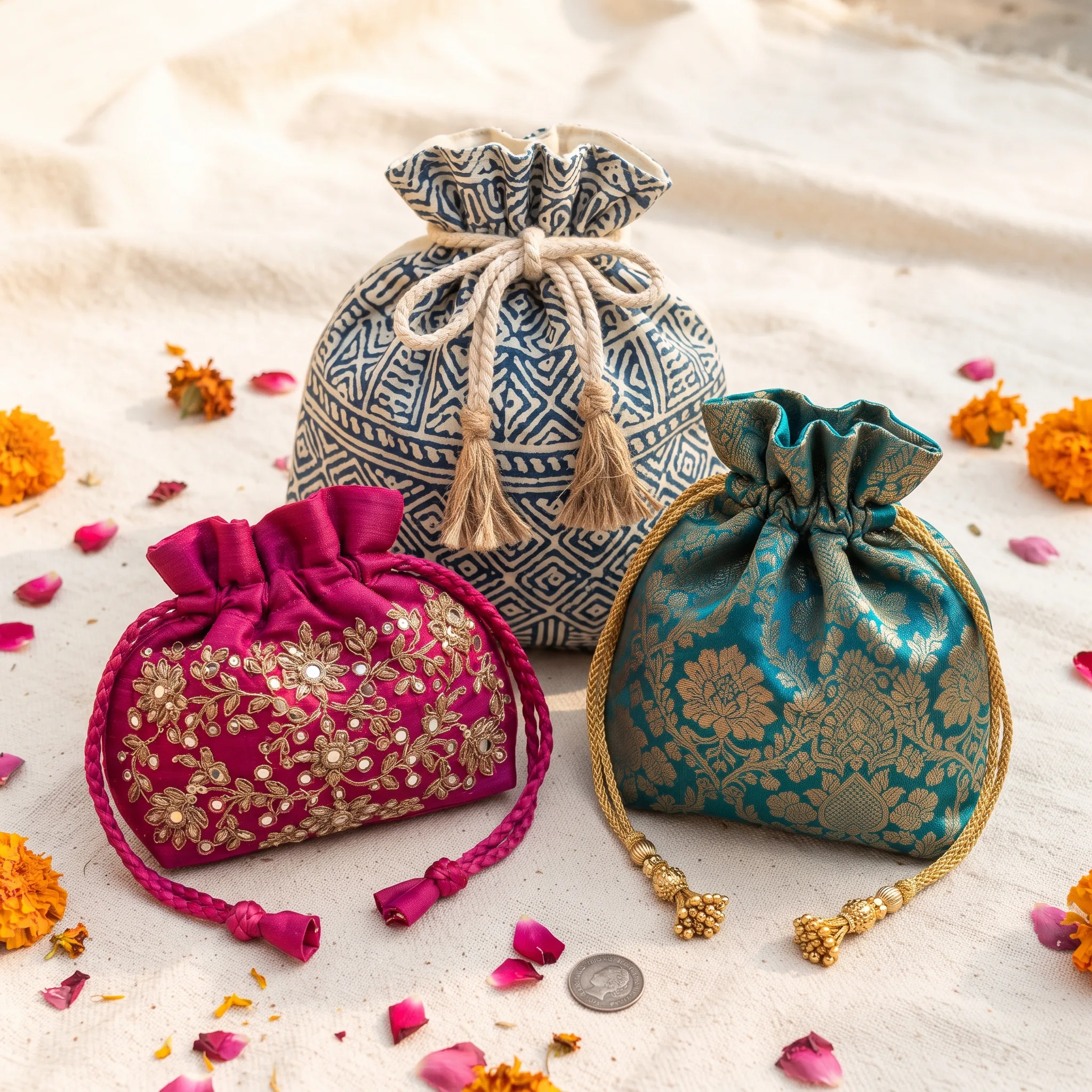 Handloom Fabric Ethnic Indian Potli Bag Ecommerce — our own render of this exact prompt