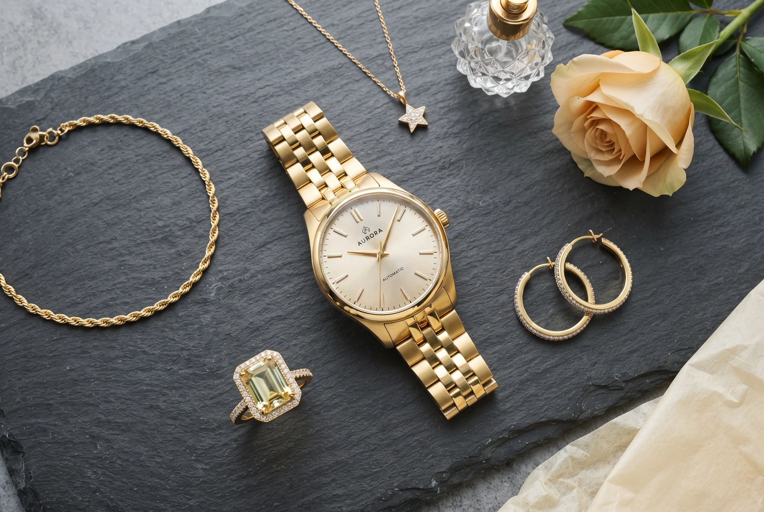 Luxury Watch and Jewelry Flat Lay Campaign — our own render of this exact prompt