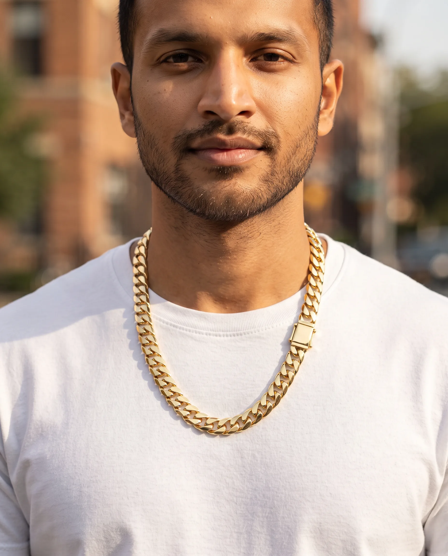 Men's Gold Chain Necklace Lifestyle Campaign — our own render of this exact prompt