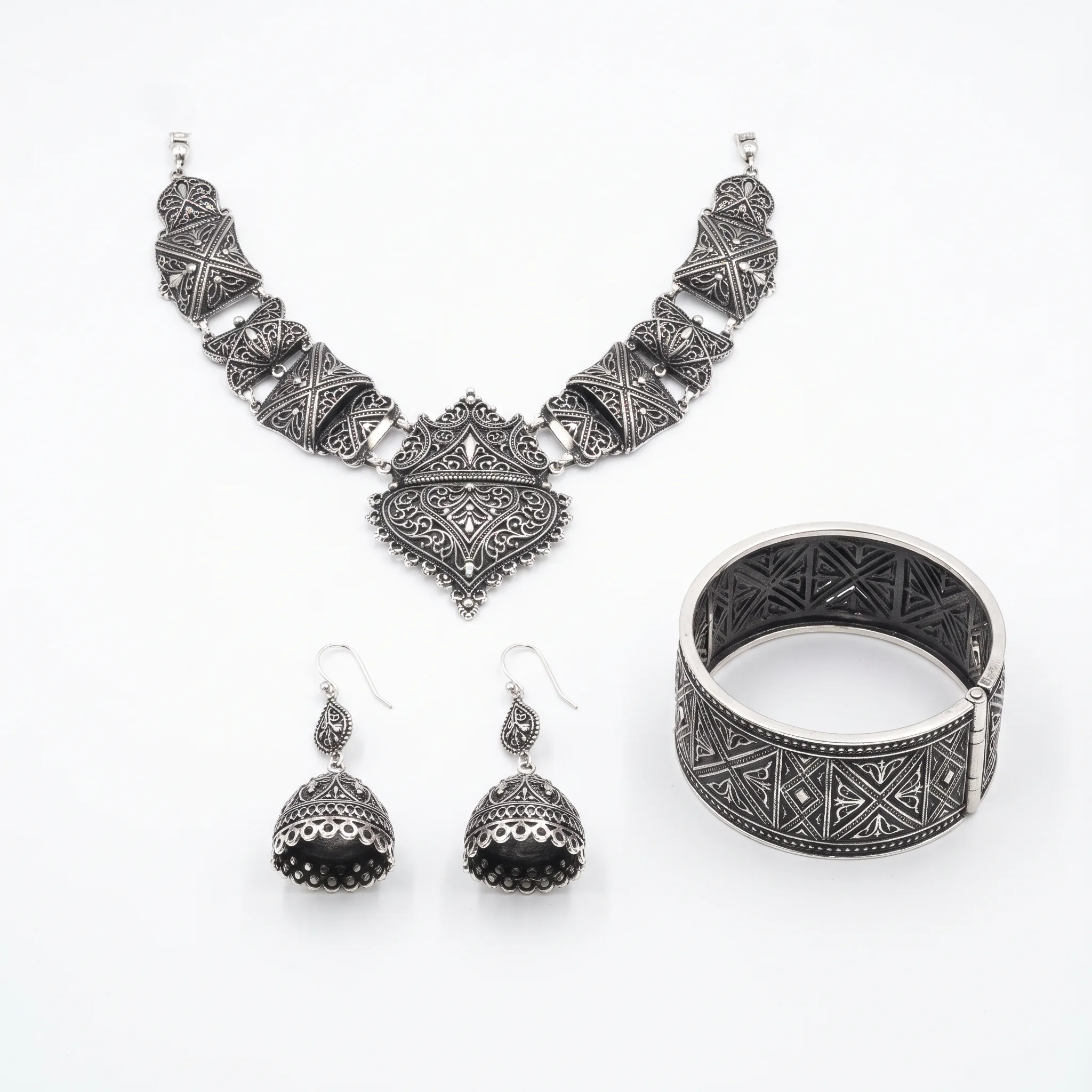 Silver Oxidized Jewelry Ecommerce White Background — our own render of this exact prompt