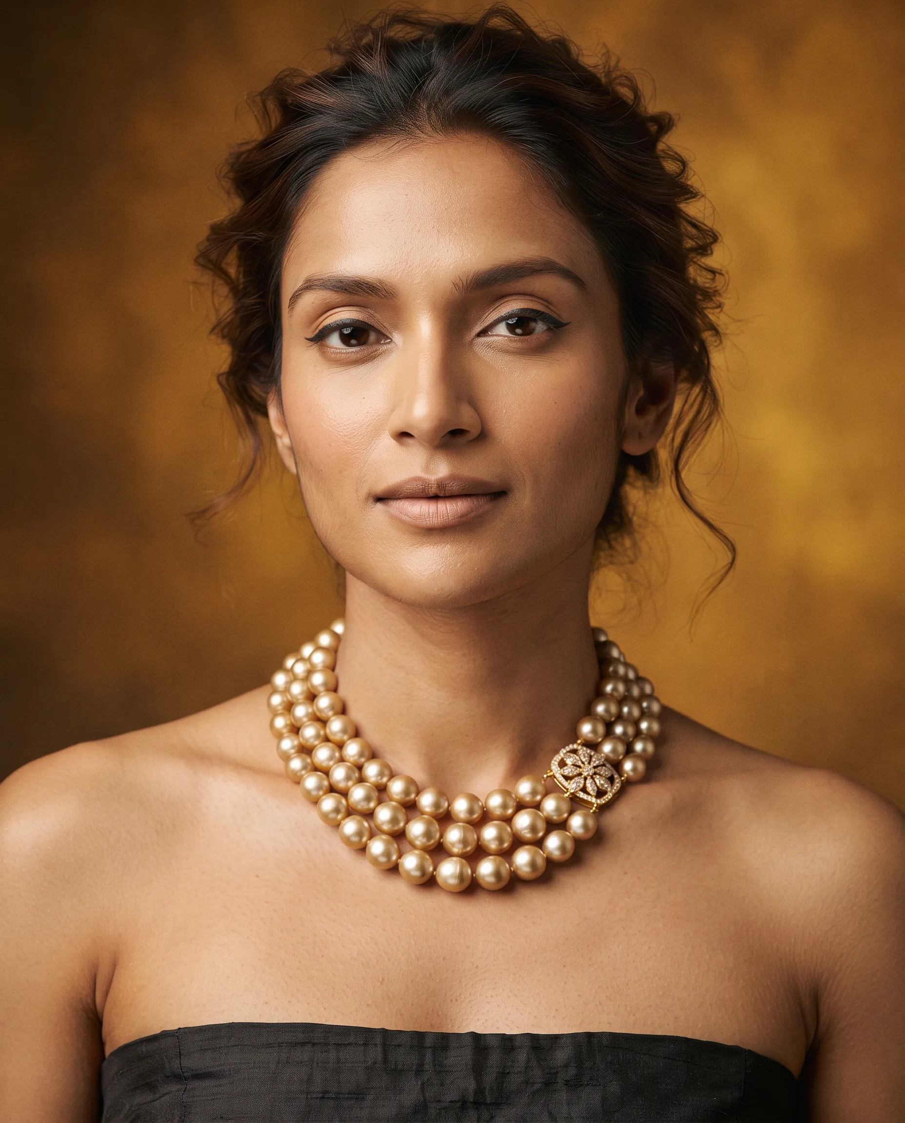 Pearl Strand Necklace Luxury Editorial Portrait — our own render of this exact prompt