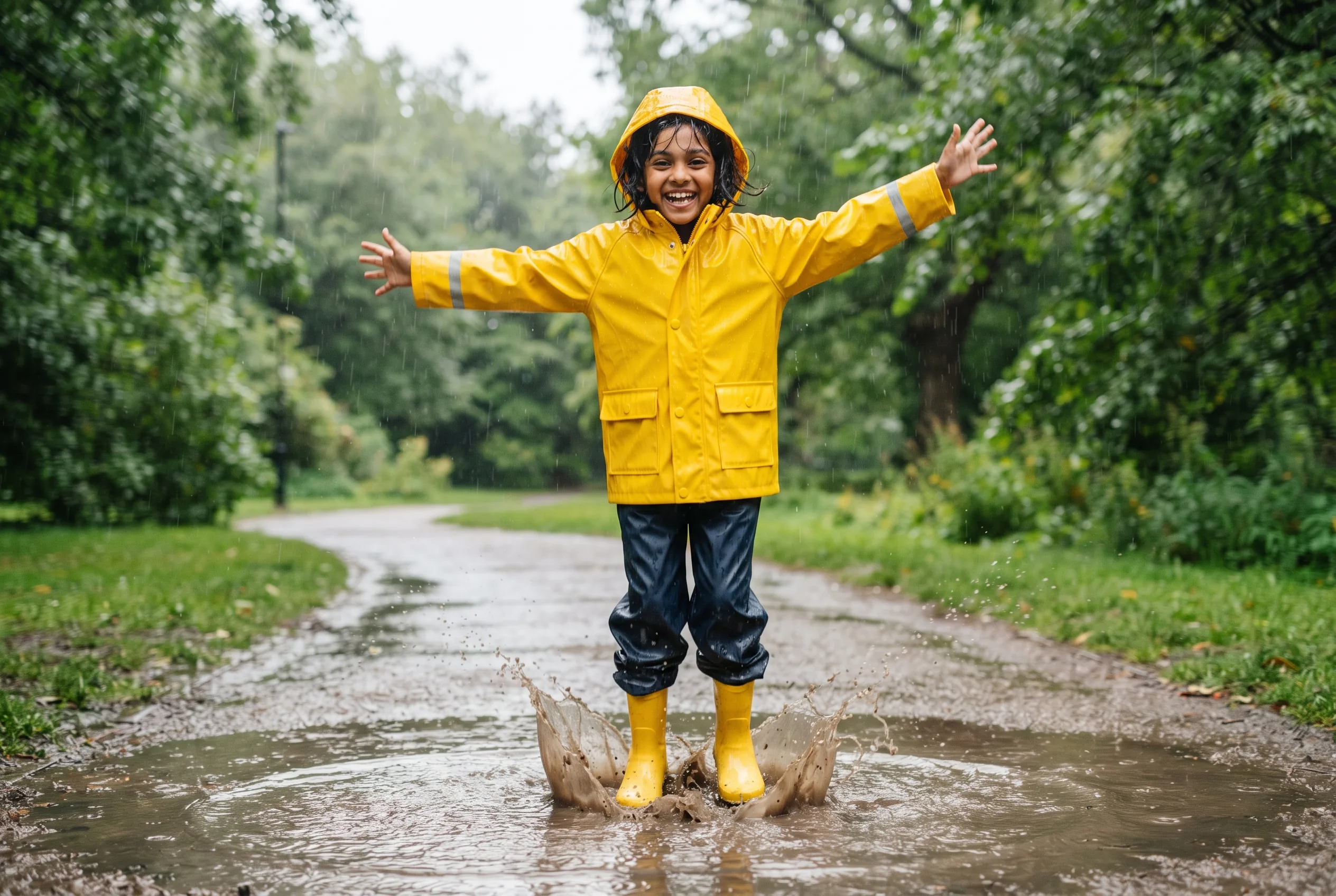 Kids Rain Jacket Outdoor Adventure Photography — our own render of this exact prompt