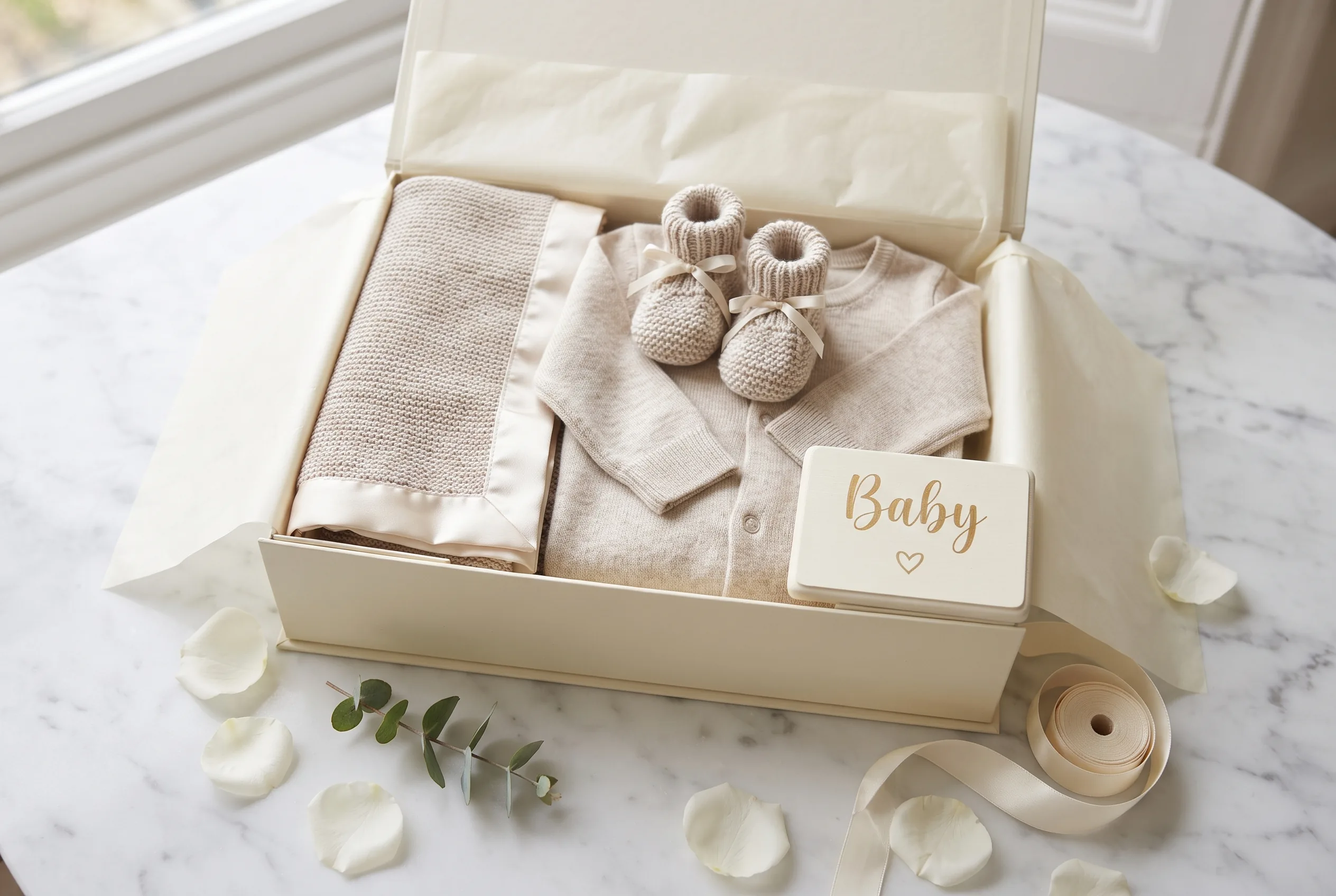 Baby Shower Gift Set Flat Lay Photography — our own render of this exact prompt