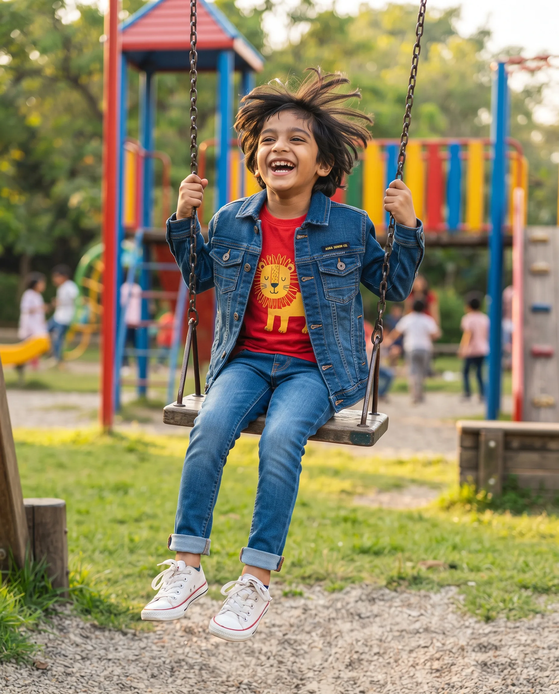 Kids Denim Lifestyle Outdoor Campaign Photography — our own render of this exact prompt