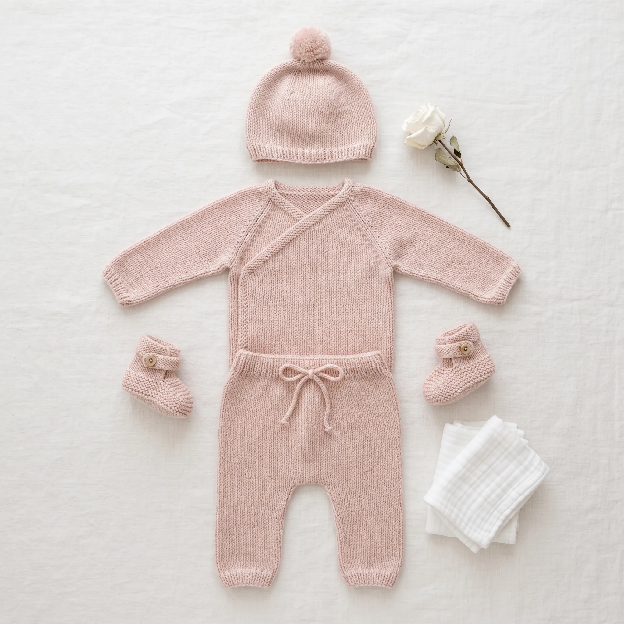 Newborn Knit Outfit Flat Lay Product Photography — our own render of this exact prompt