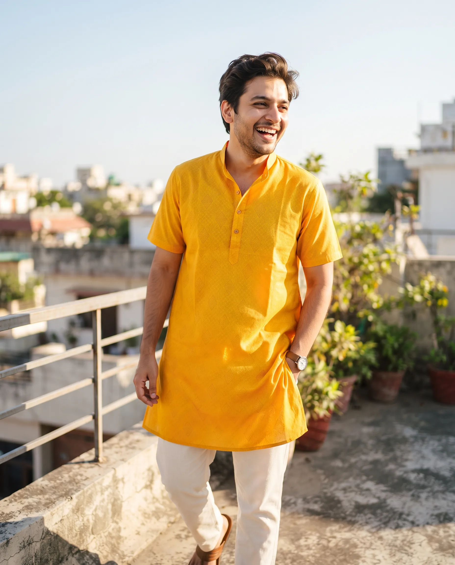 Half-Sleeve Cotton Kurta Summer Lifestyle Campaign — our own render of this exact prompt