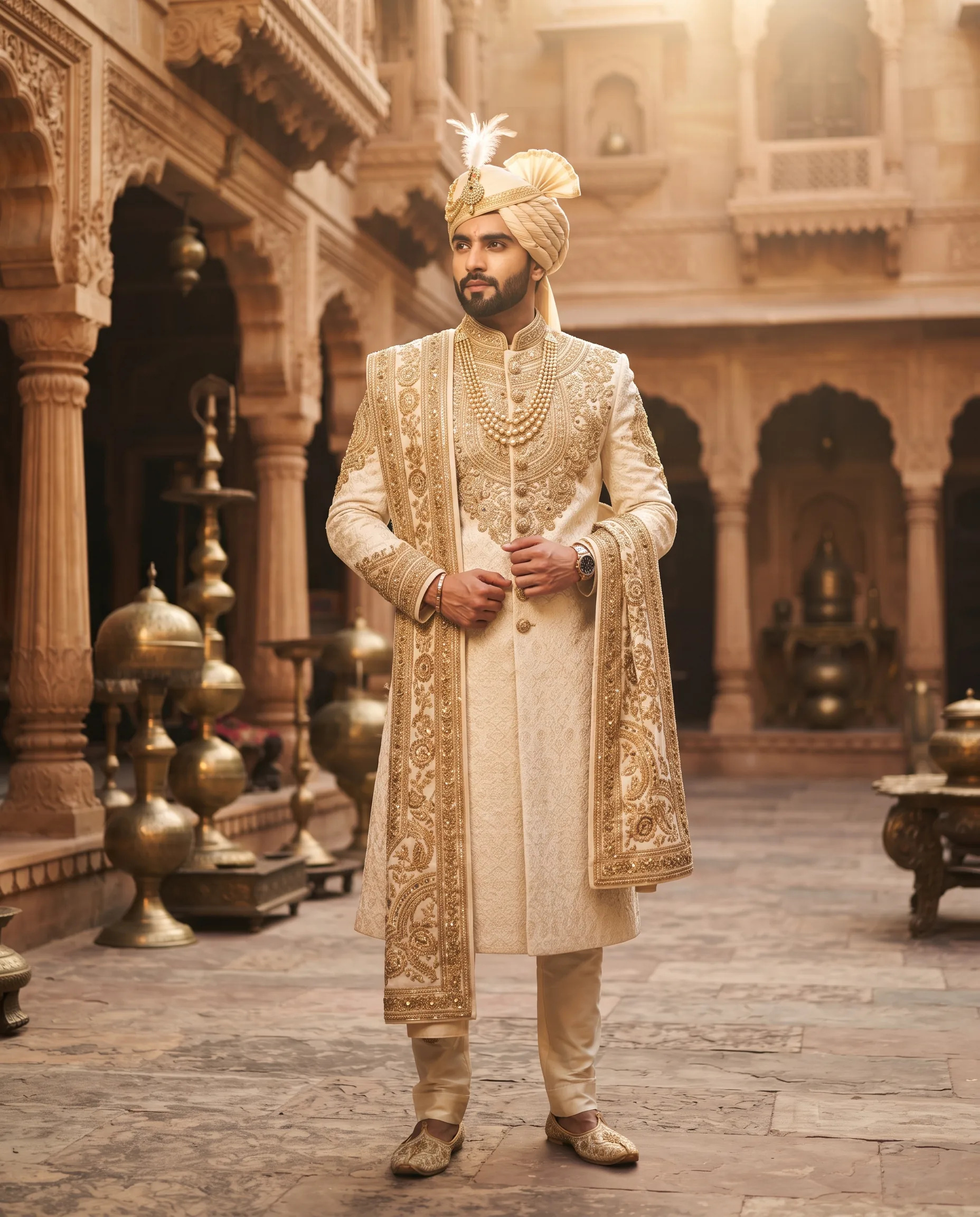 Sherwani-Style Embroidered Kurta Heritage Shoot — our own render of this exact prompt