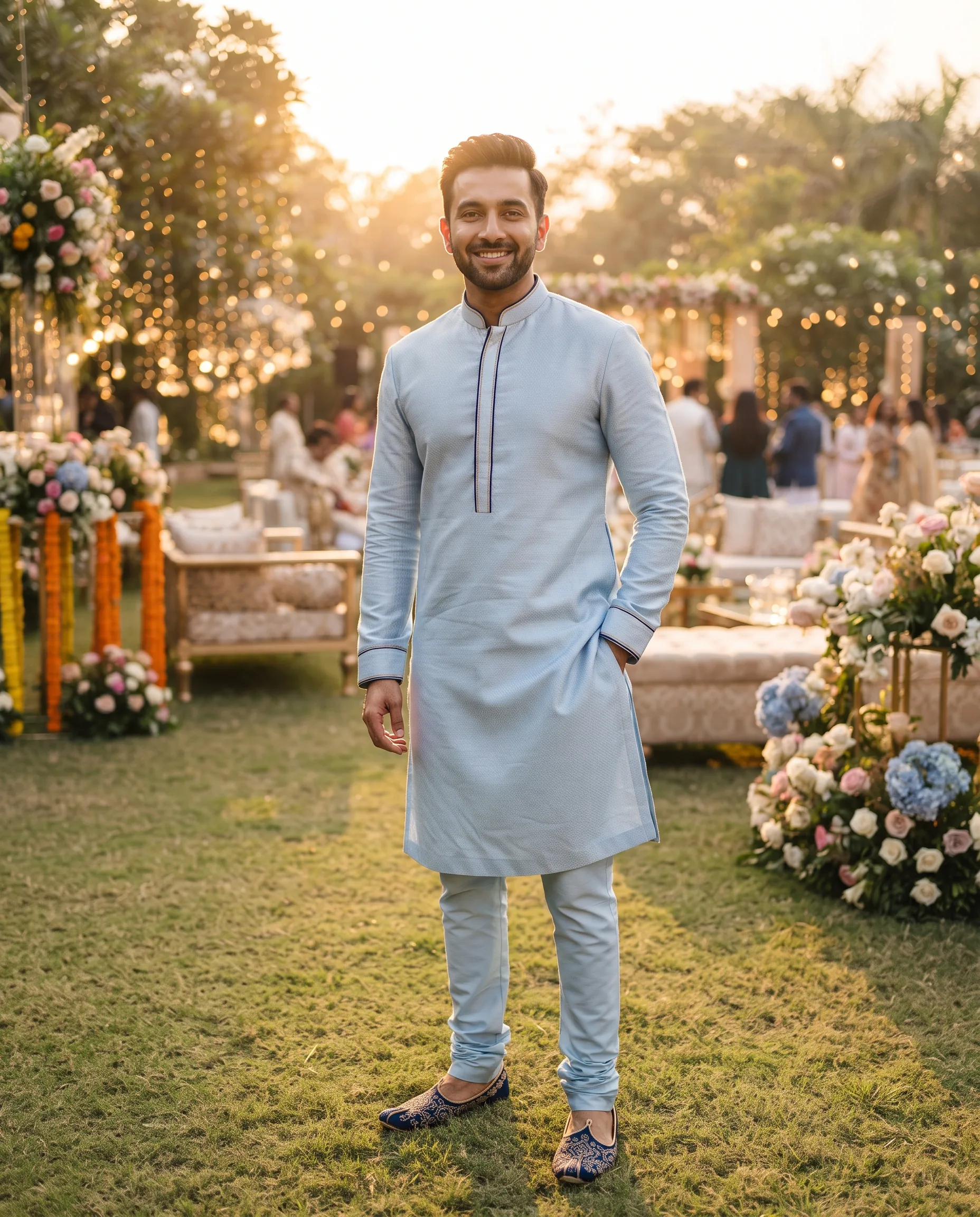 Kurta Pyjama Wedding Guest Outdoor Photography — our own render of this exact prompt