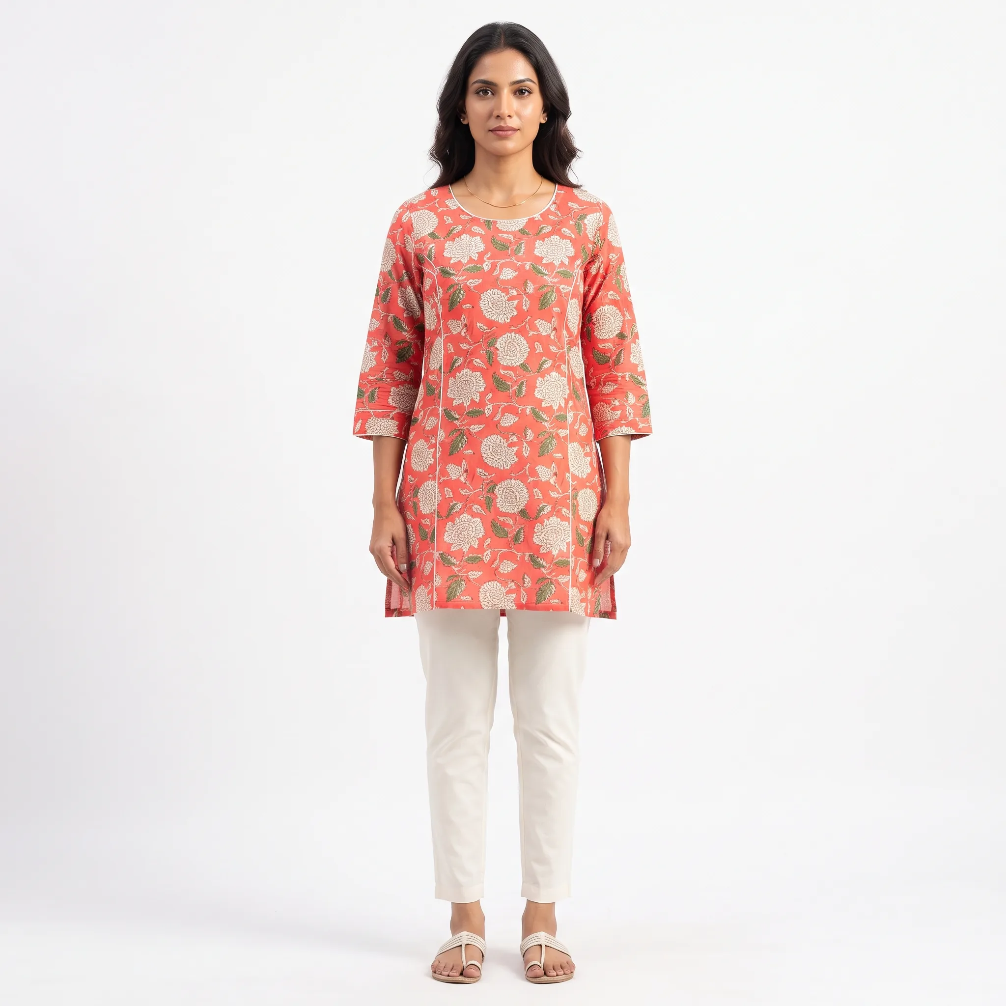 Short Printed Kurti White Background Ecommerce Photo — our own render of this exact prompt