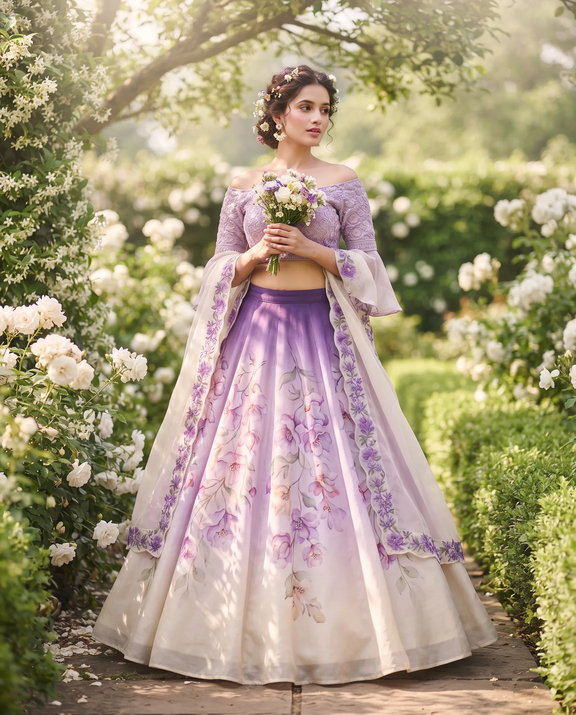Pastel Lehenga Outdoor Garden Fashion Photography — our own render of this exact prompt