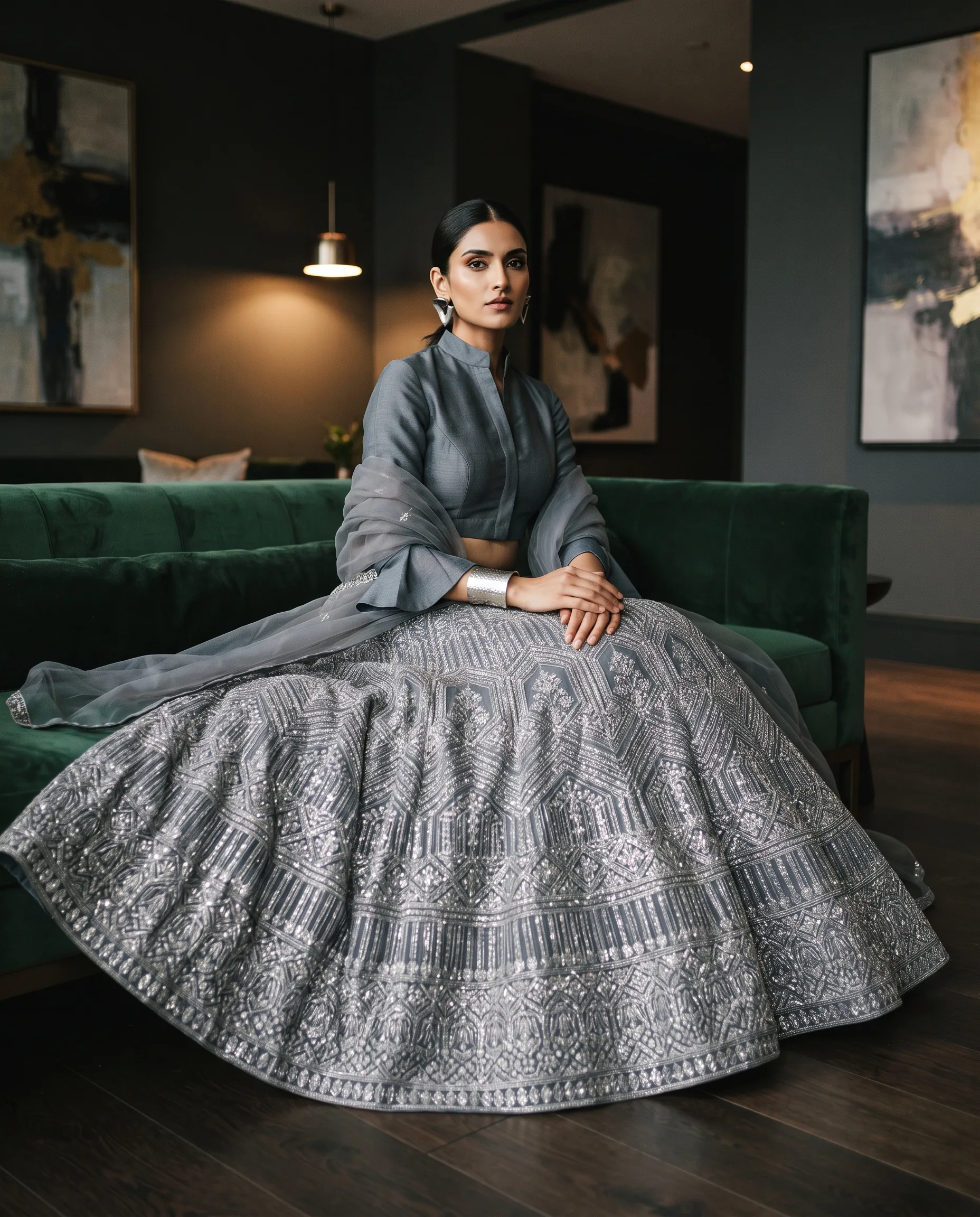 Lehenga Seated Pose Luxury Indoor Editorial — our own render of this exact prompt