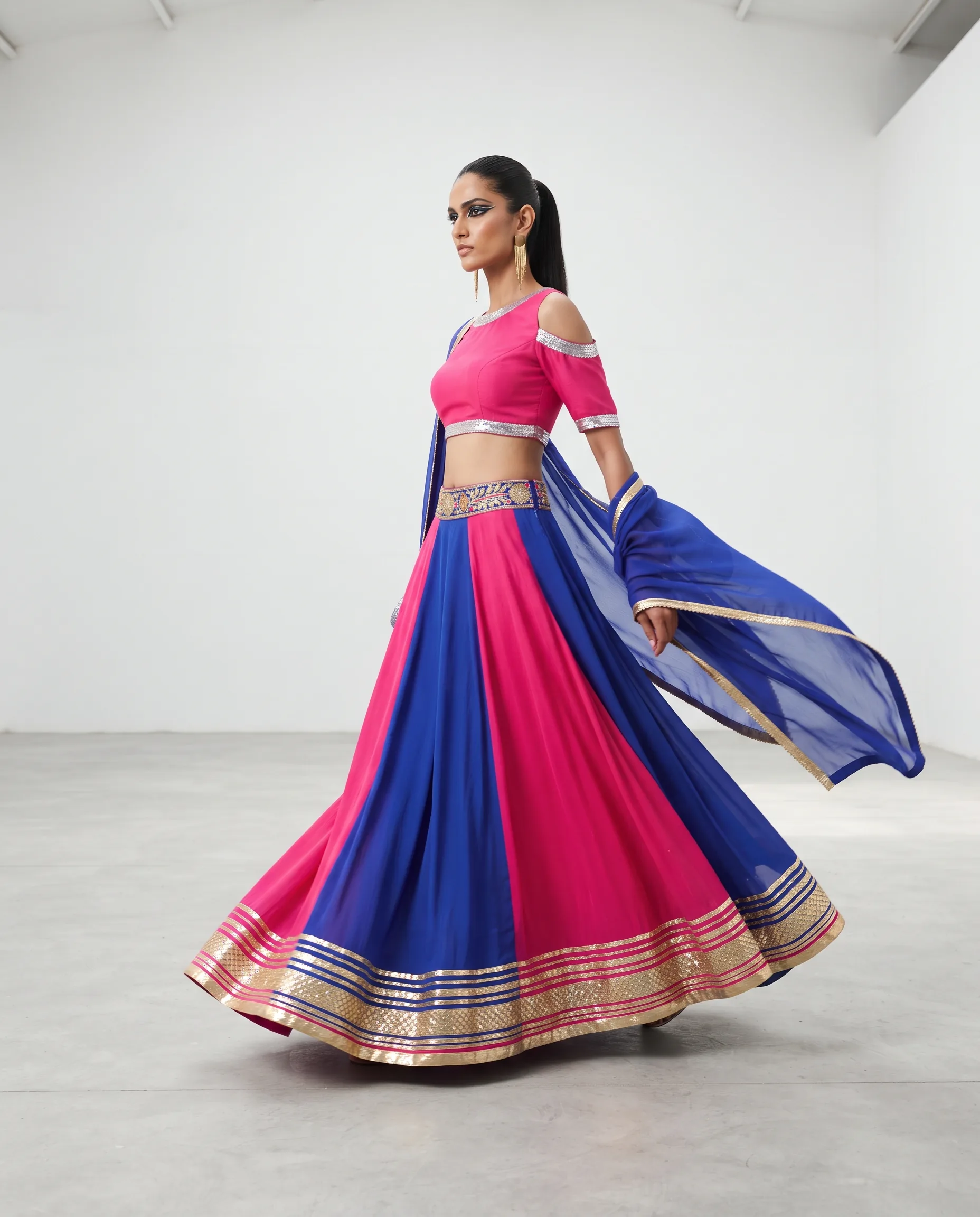 Lehenga Walking Dynamic Fashion Campaign — our own render of this exact prompt