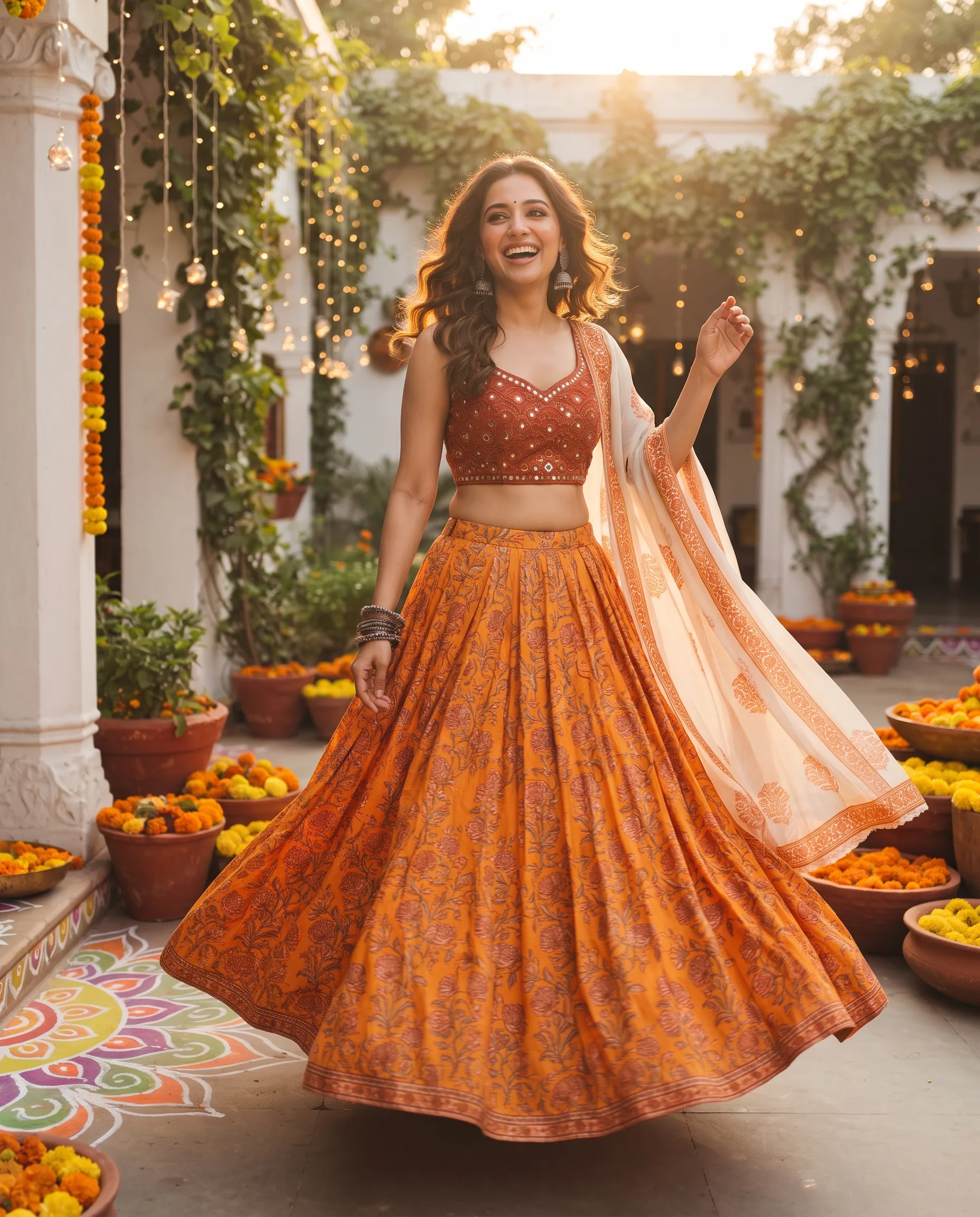 Outdoor Festive Lehenga Lifestyle Photography — our own render of this exact prompt