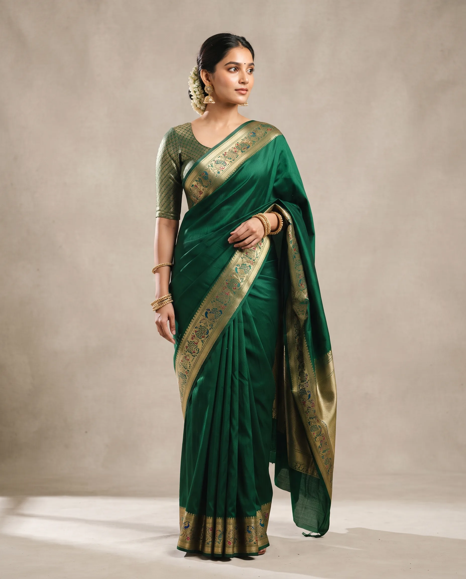 Luxury Silk Saree Studio Photoshoot — our own render of this exact prompt