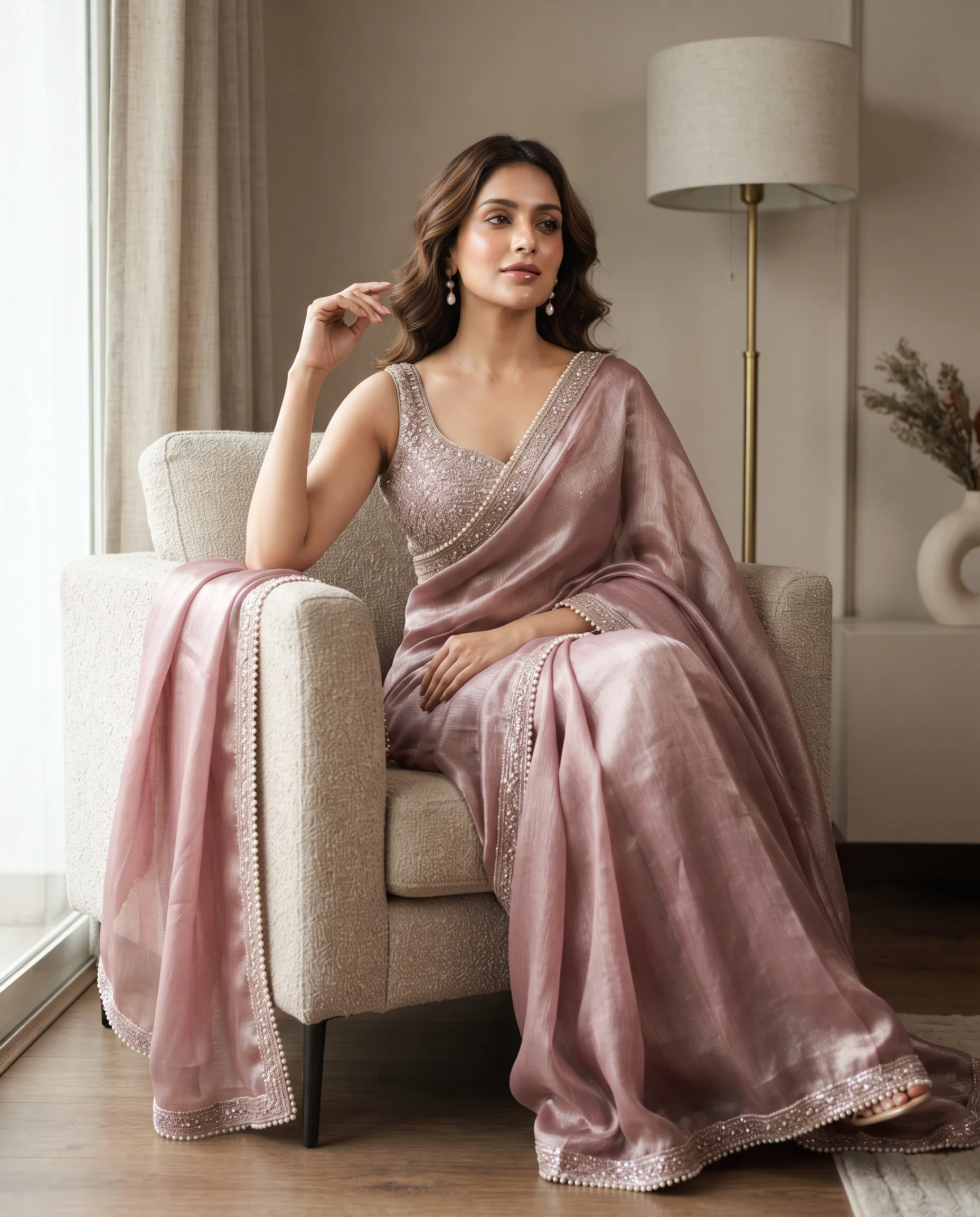 Saree Seated Pose Indoor Editorial — our own render of this exact prompt