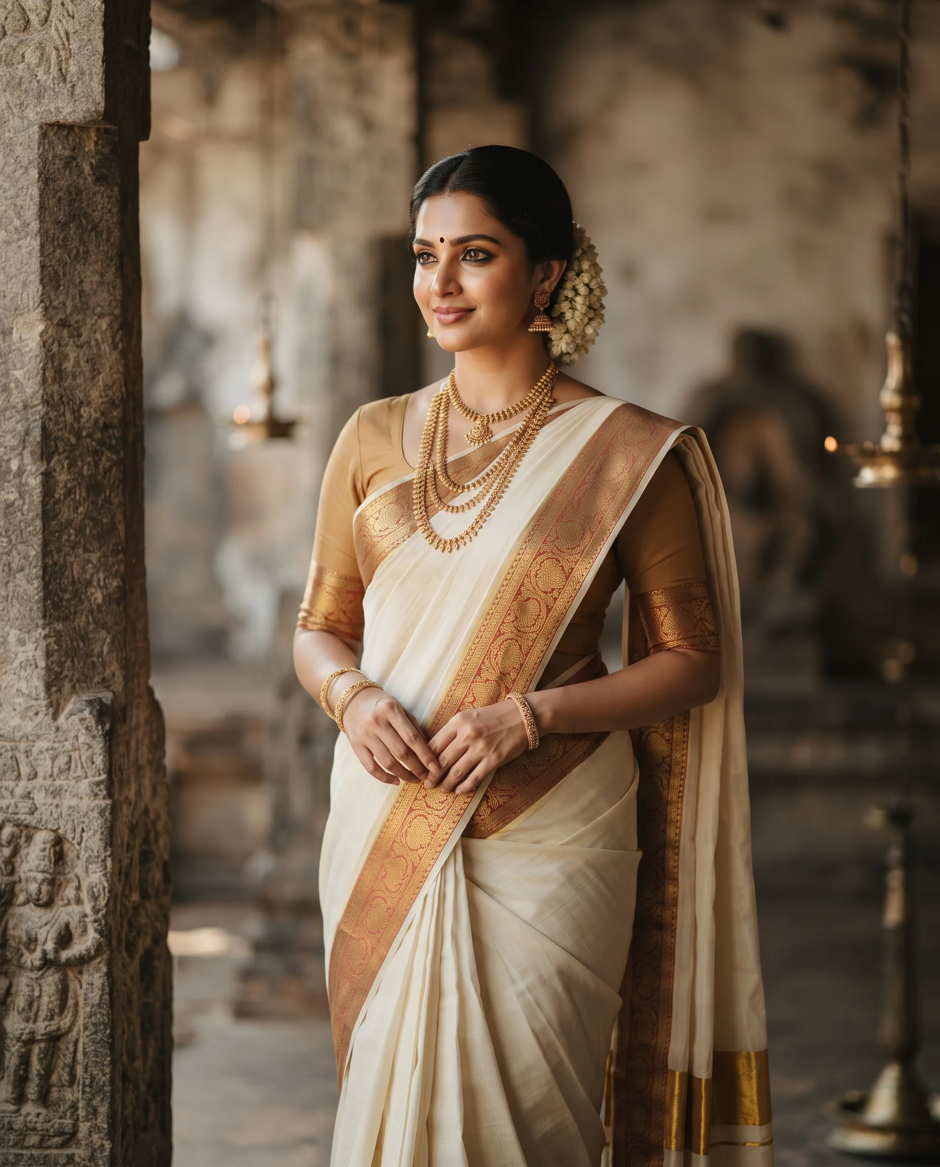 Traditional Saree Temple-Inspired Portrait — our own render of this exact prompt