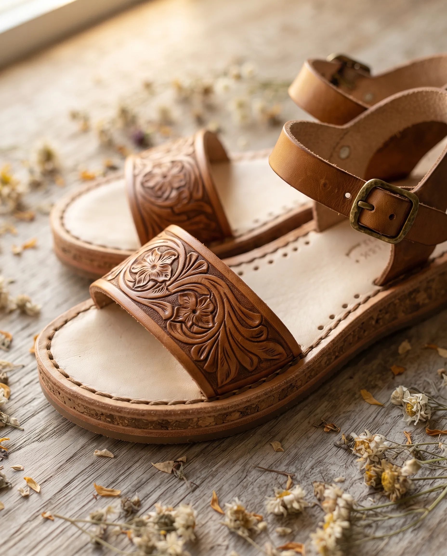 Handcrafted Leather Sandal Artisan Studio Photography — our own render of this exact prompt