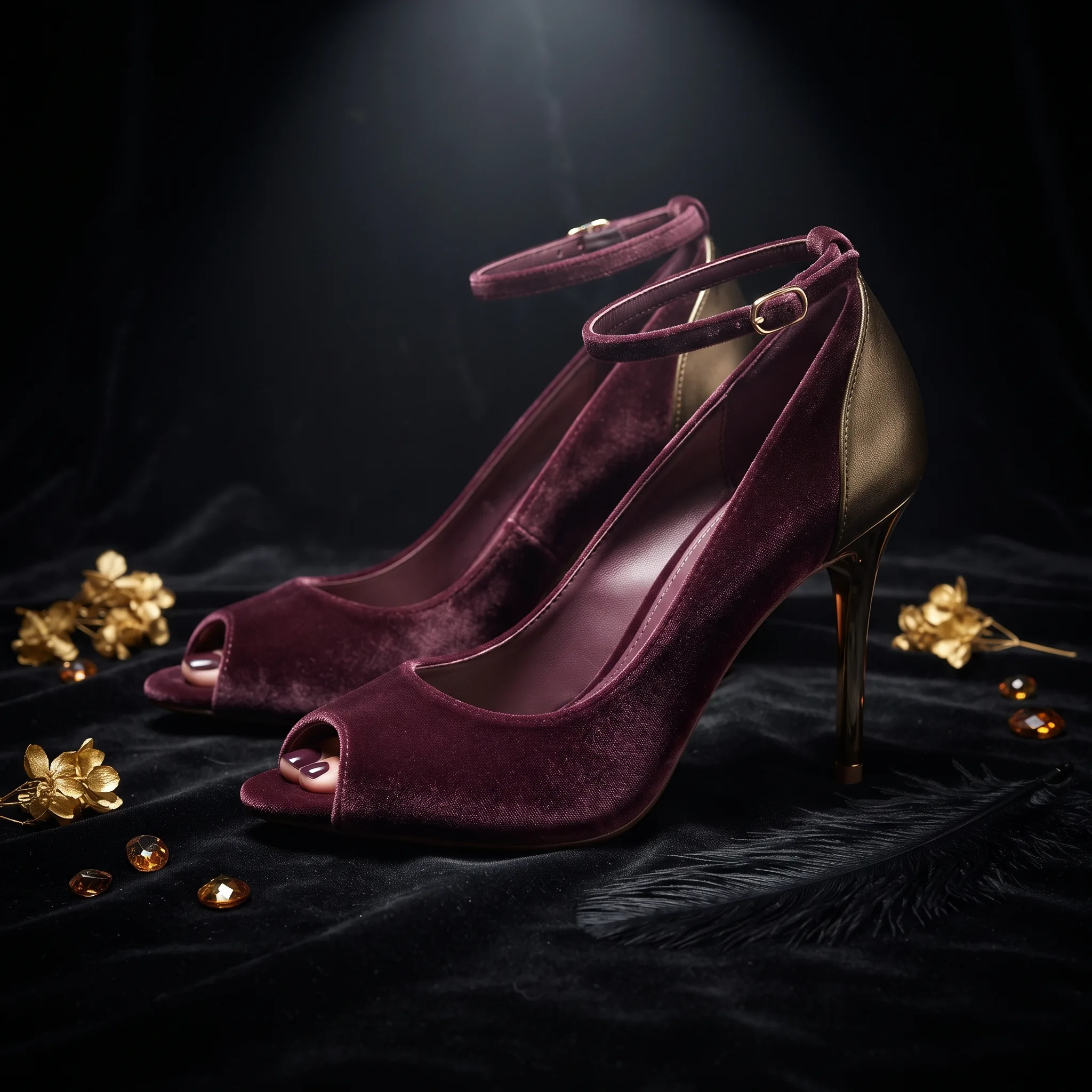Peep Toe Velvet Heels Luxury Festive Product Shot — our own render of this exact prompt