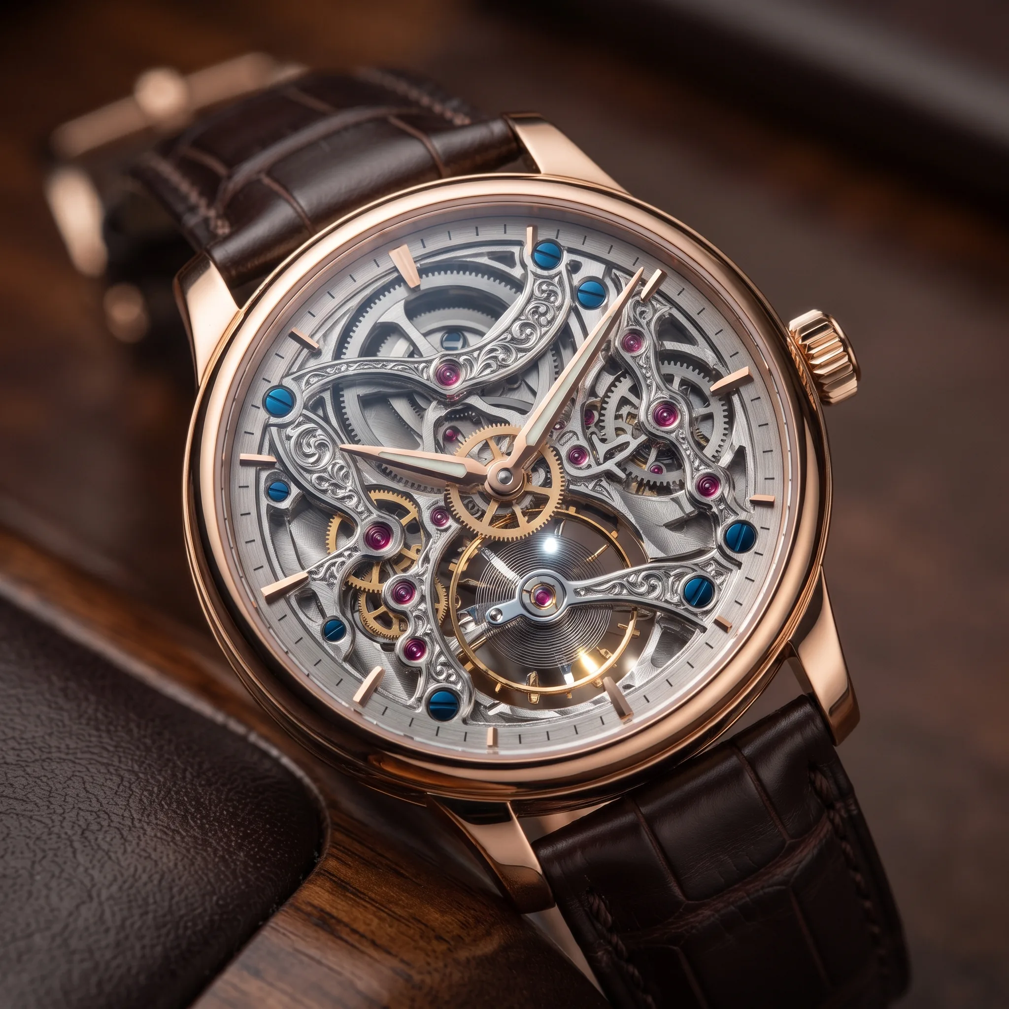 Skeleton Watch Movement Close-Up Editorial — our own render of this exact prompt